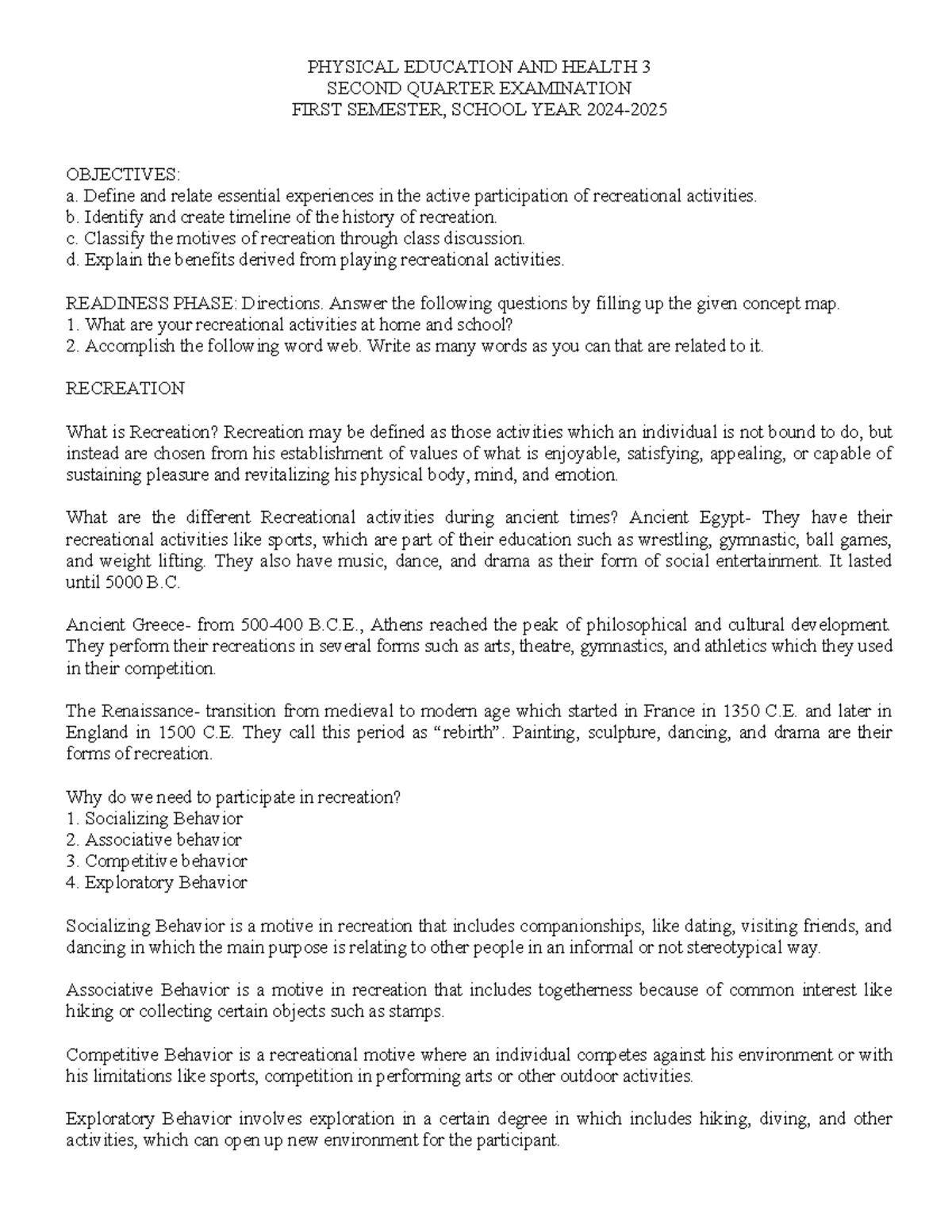 SECOND QUARTER EXAMINATION HOPE 3 - PHYSICAL EDUCATION AND HEALTH 3 ...