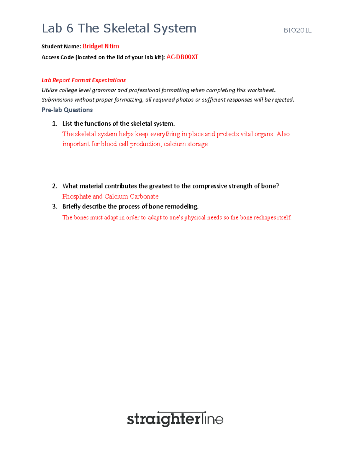 BIO201 Lab 6 - n/a - Student Name: Bridget Ntim Access Code (located on ...