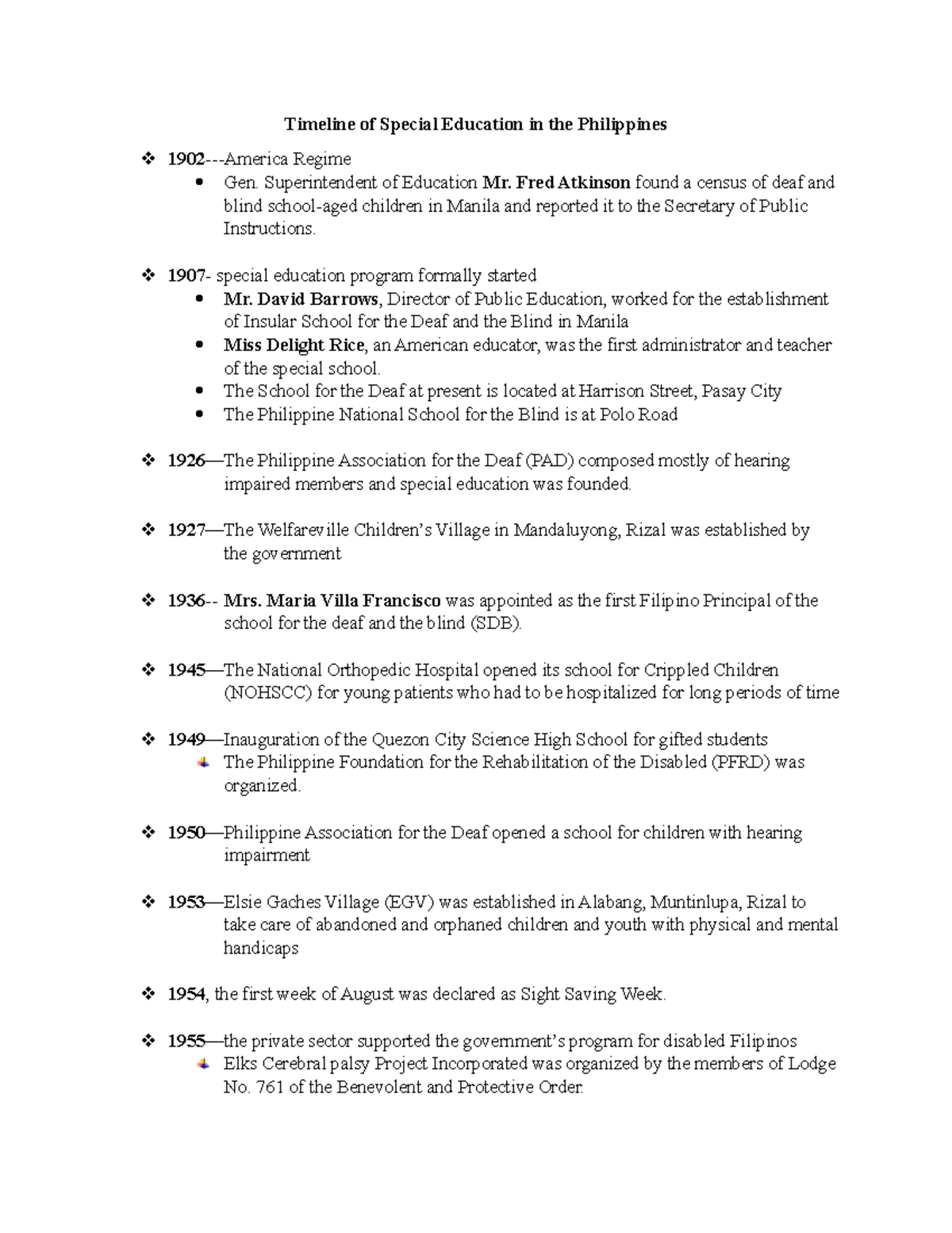 Timeline of Special Education Developments in the Philippines - Studocu