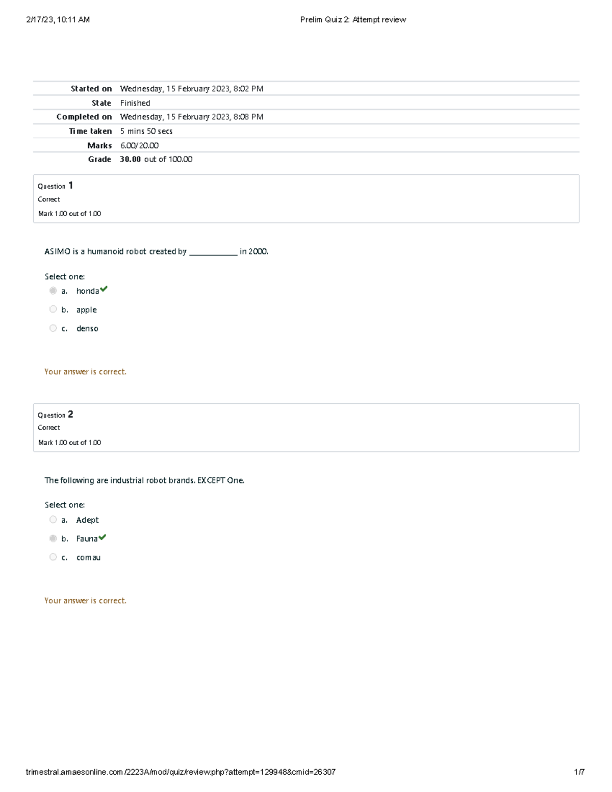 Prelim Quiz 2 Attempt review 2 - Started on Wednesday, 15 February 2023 ...