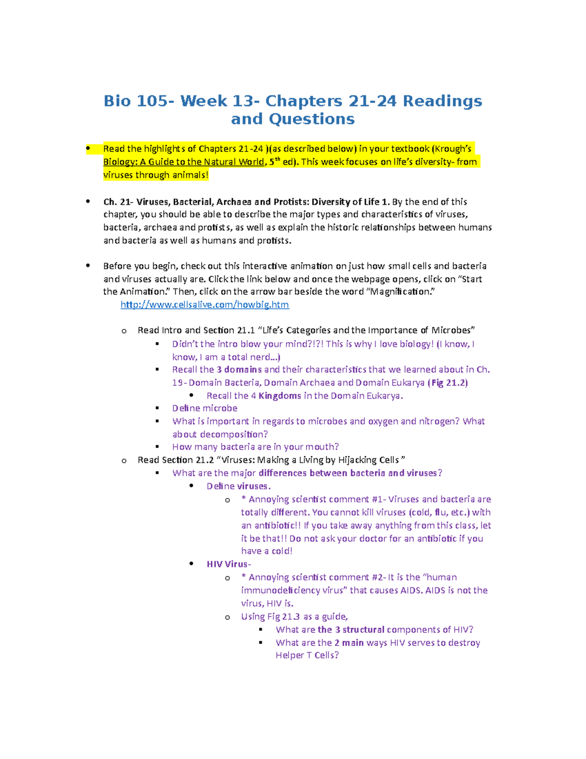 Bio 105 - Week 13 Notes: Chapters 21-24 Overview and Key Concepts - Studocu