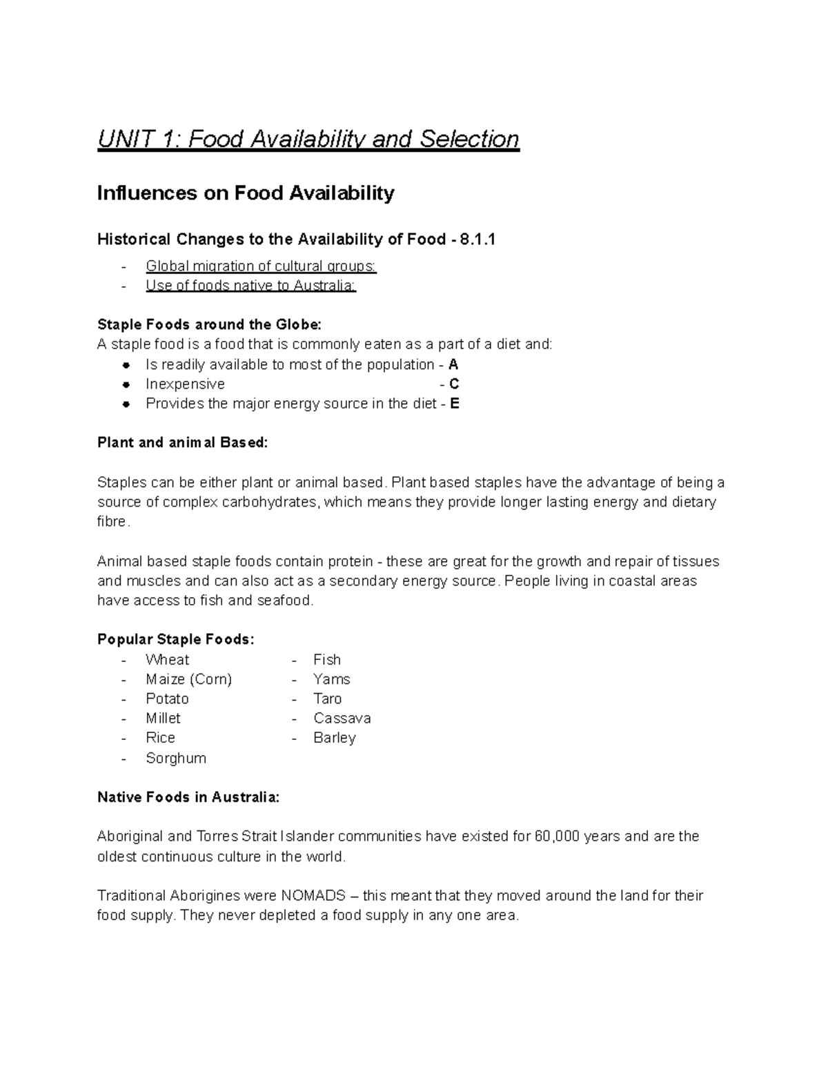 Food Technology Preliminary Notes: Nutritional & Safety Aspects (Unit 1 ...
