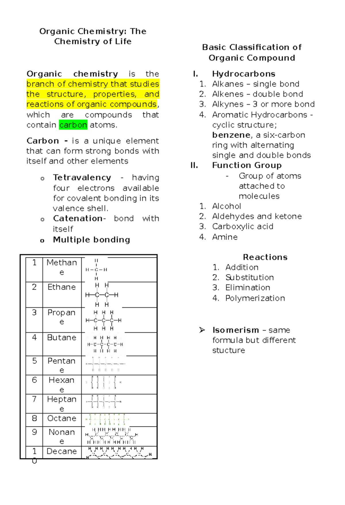 Chemistry 4: Organic Chemistry Overview and Key Concepts - Studocu