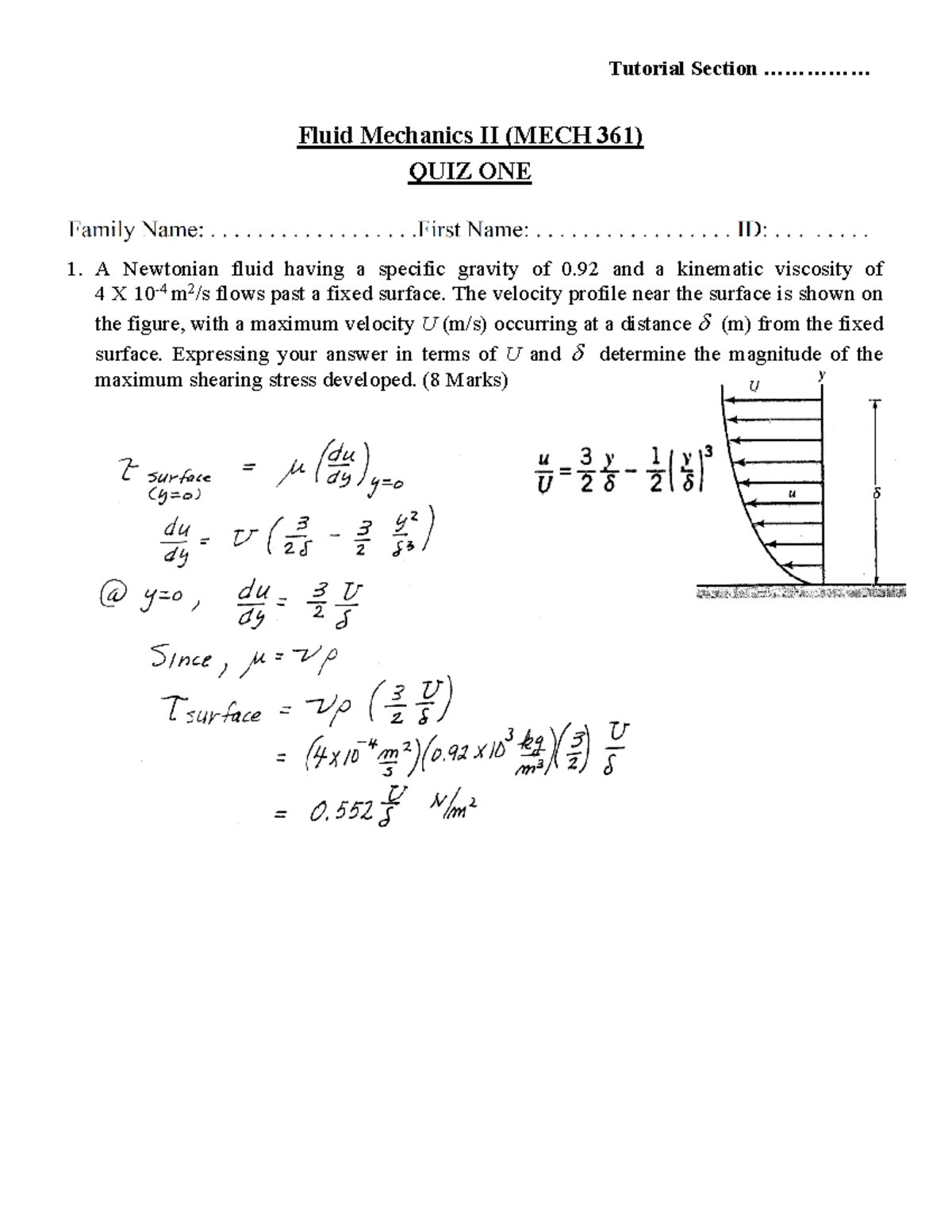 MECH 361 Fluid Mechanics II - Quiz 1 Answers and Solutions - Studocu