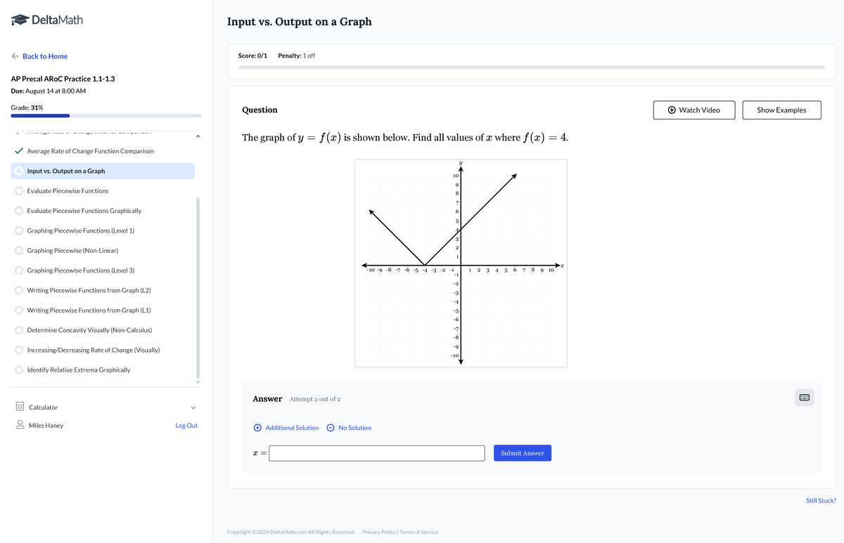 Delta Math Student Application - Input vs. Output on a Graph Score: 0/1 ...