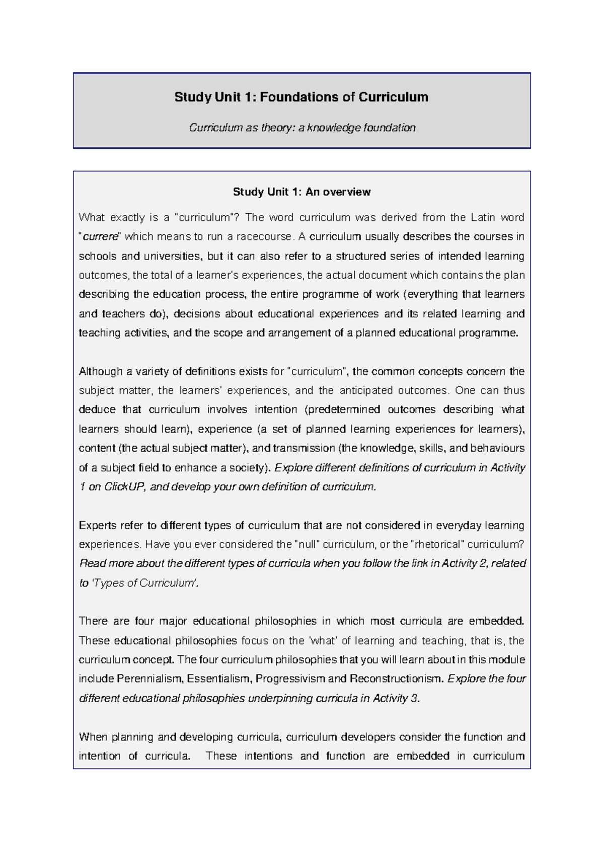 Unit 1 Learning Guide: Foundations of Curriculum Theory - Studocu
