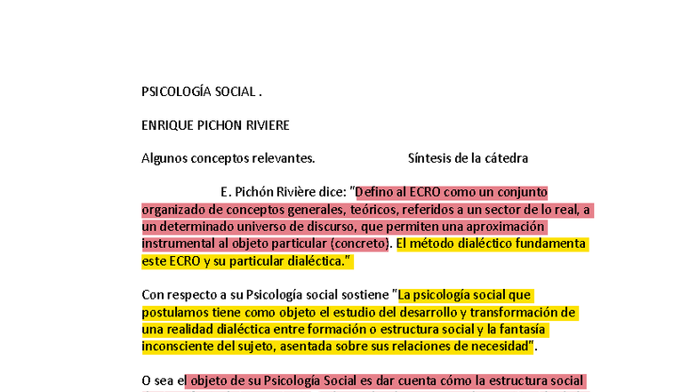 PSICOLOGÍA SOCIAL - ECRO y Dialéctica en Pichón Rivière - Studocu