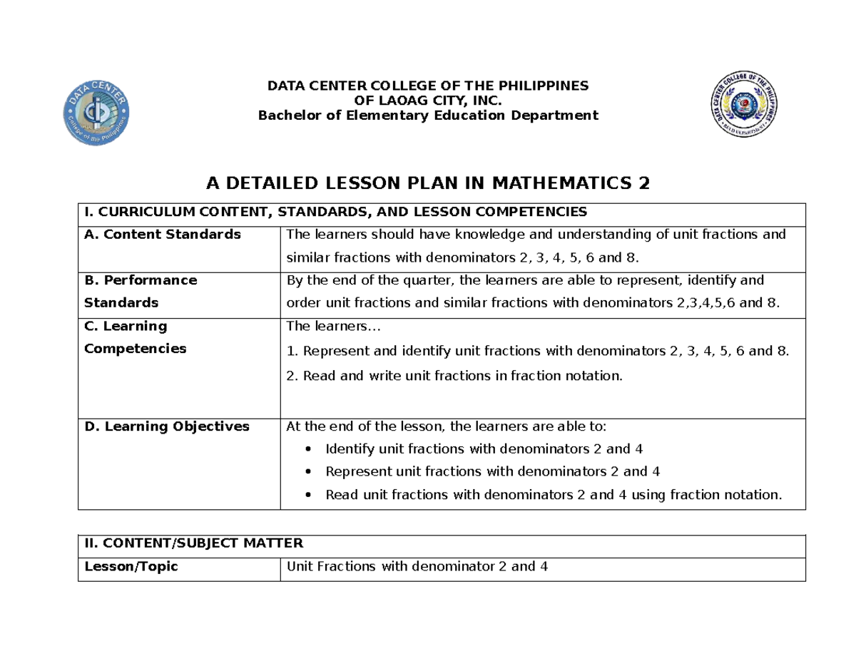 Detailed Lesson Plan in Mathematics 2: Unit Fractions for G2 - Studocu