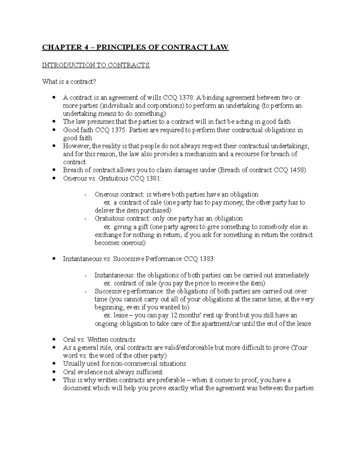 COMM 315 - TEST 2 Notes - note - CHAPTER 4 – PRINCIPLES OF CONTRACT LAW ...