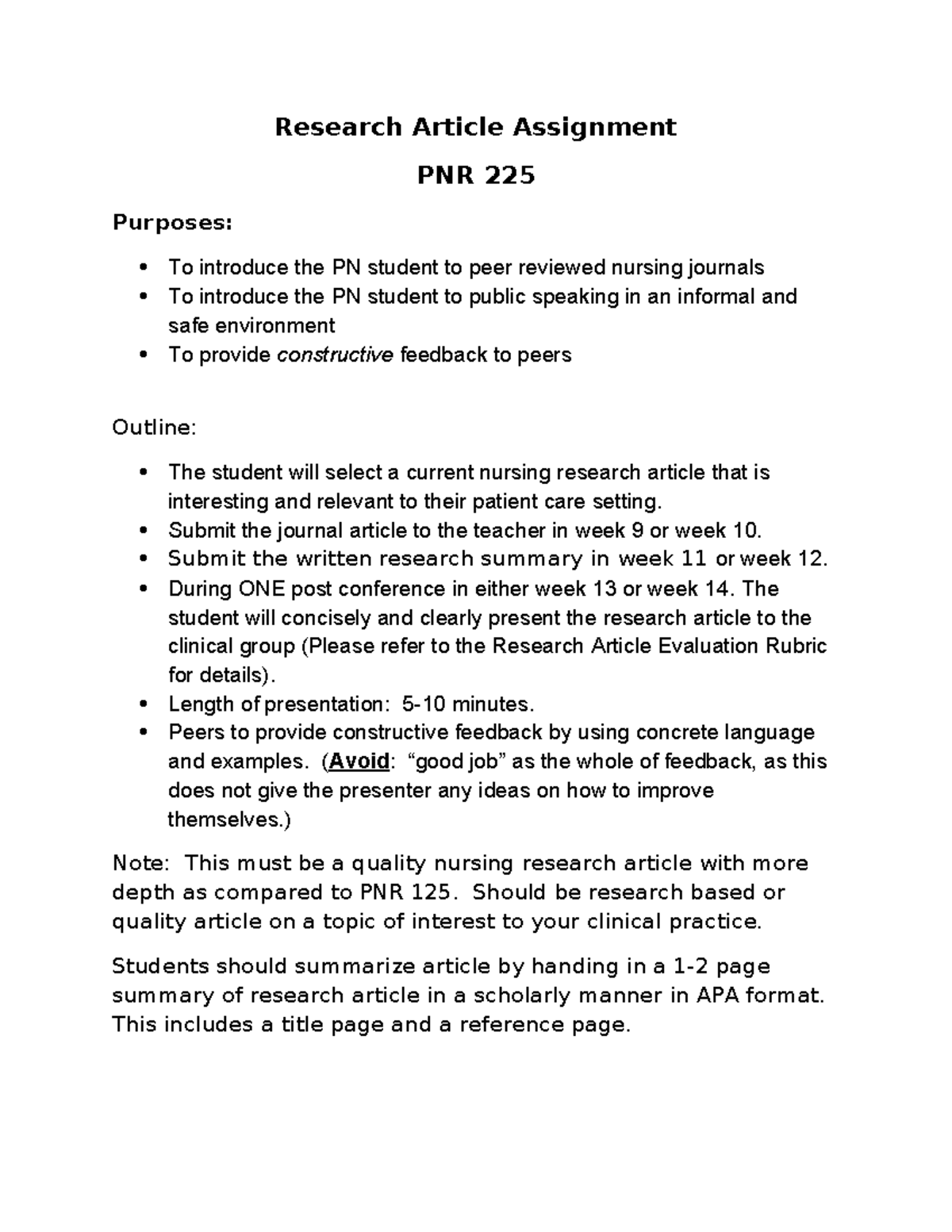 Research Article Assignment PNR 225: Peer Review & Presentation Guide ...
