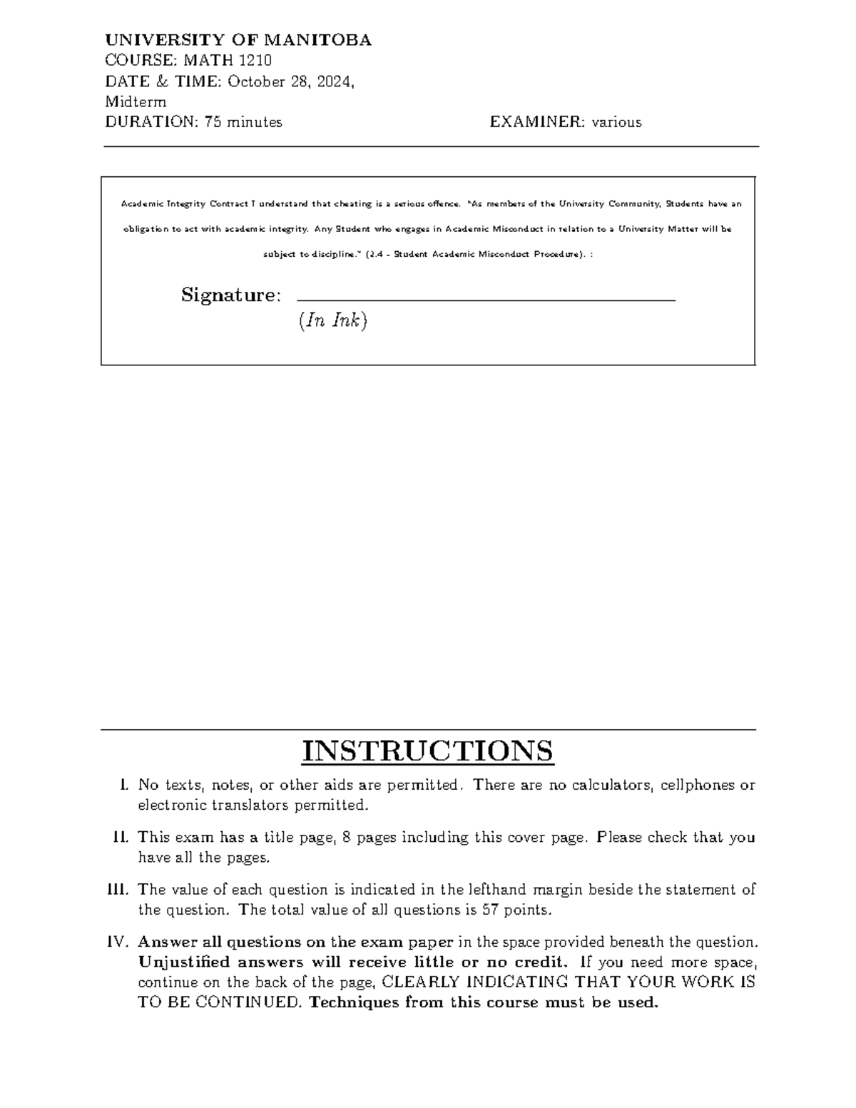 Math 1210 Midterm Solutions - University of Manitoba (Oct 28, 2024 ...