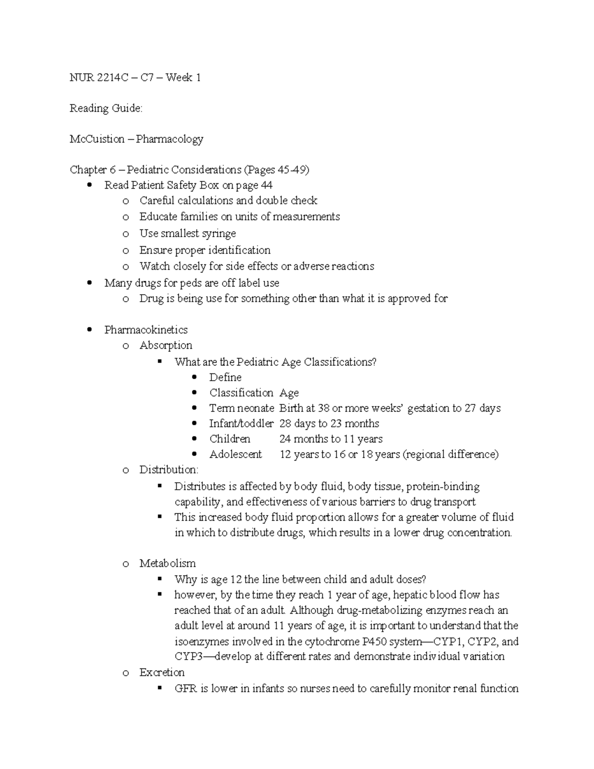 NUR 2214C C7 Week 1 Reading Guide: Pediatric & Geriatric Pharmacology ...