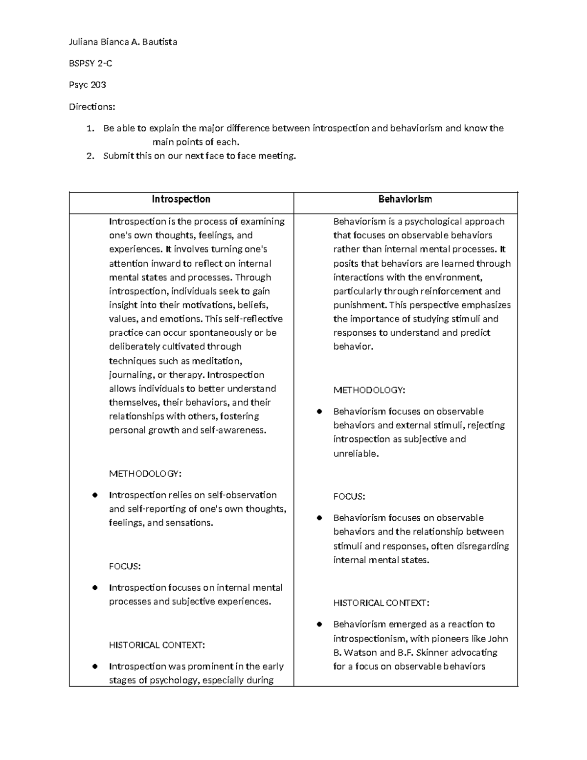 Cognitive Psychology Activity: Introspection vs. Behaviorism (Psyc 203 ...