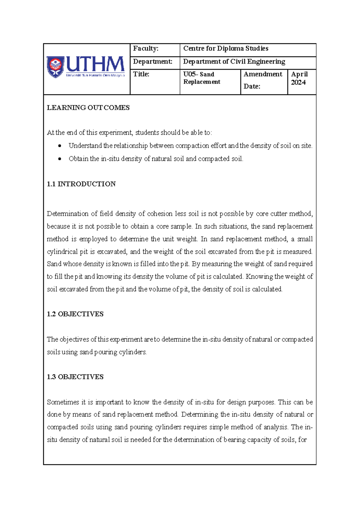 LAB Report: Sand Replacement Method for Soil Density Determination G4 ...