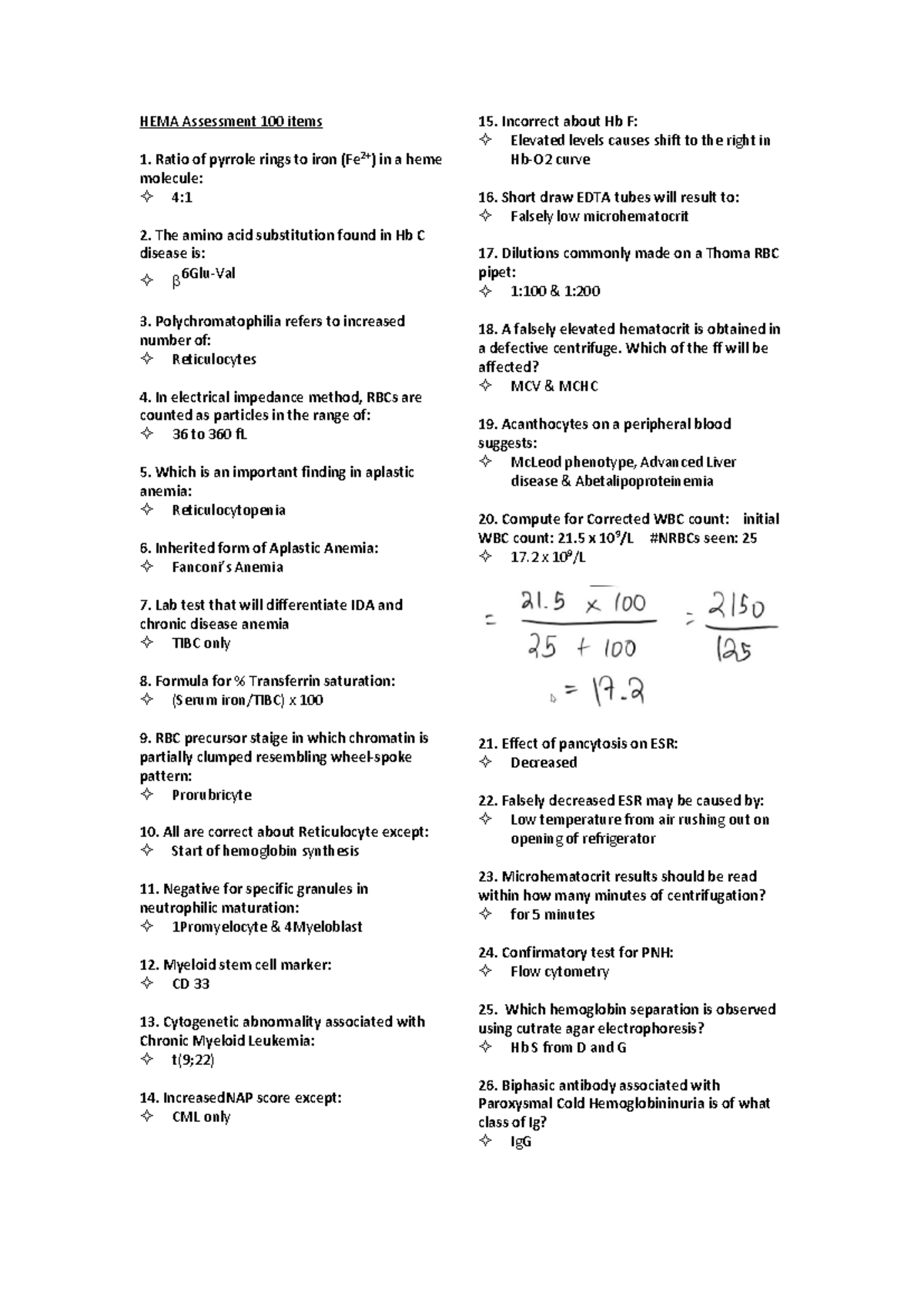 HEMA post test answers 100 items - HEMA Assessment 100 items Ratio of ...