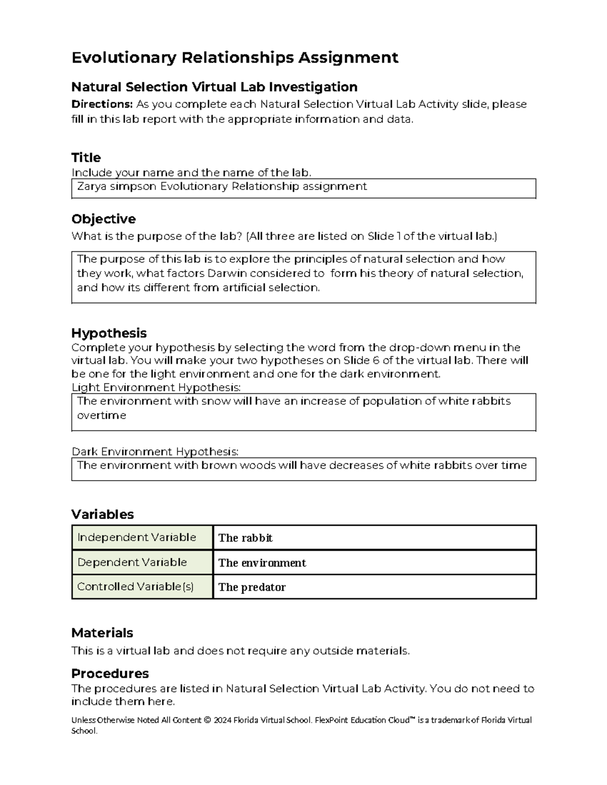 Evolutionary Relationships Assignment: Natural Selection Lab Report ...
