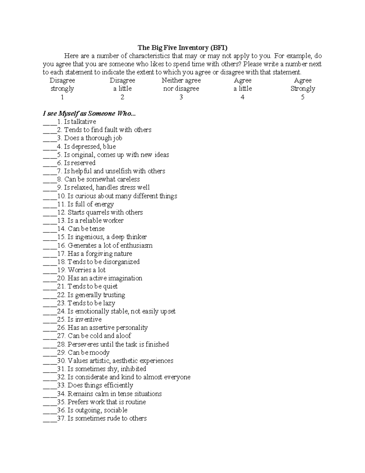 Big Five Personality Test (BFI) Evaluation Guide - Studocu