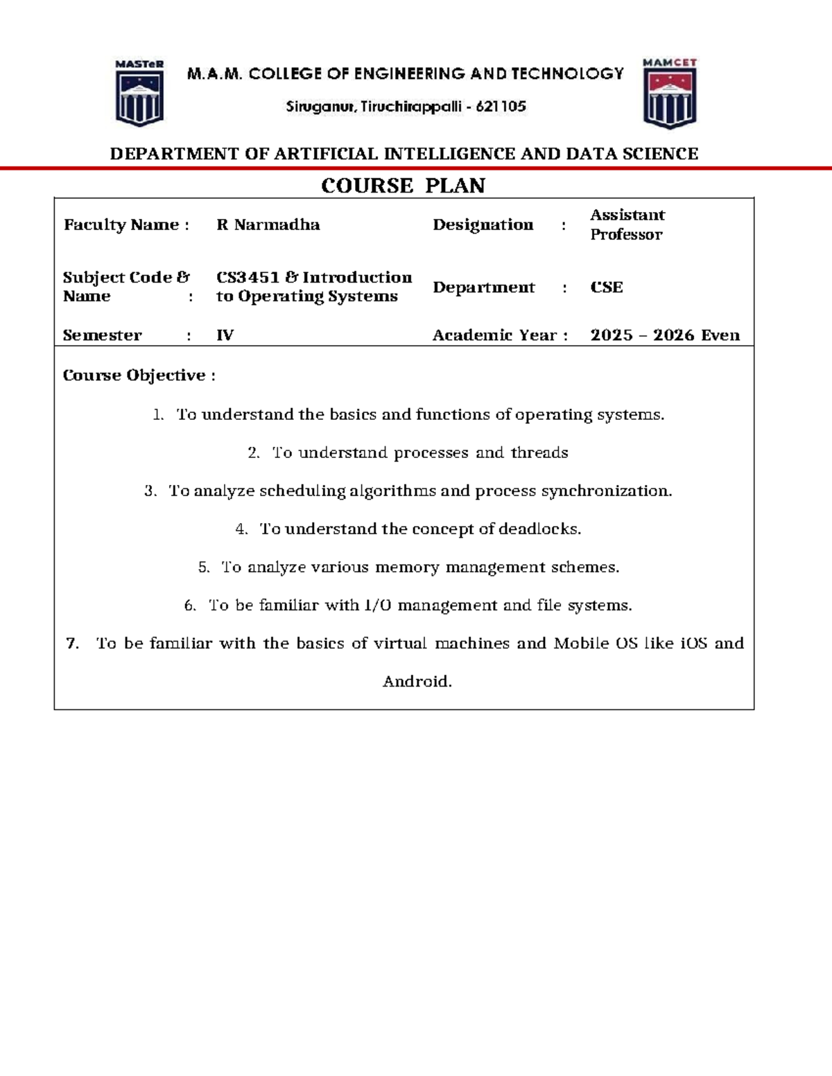CS3451 Course Plan: Introduction to Operating Systems (CSE) - Studocu