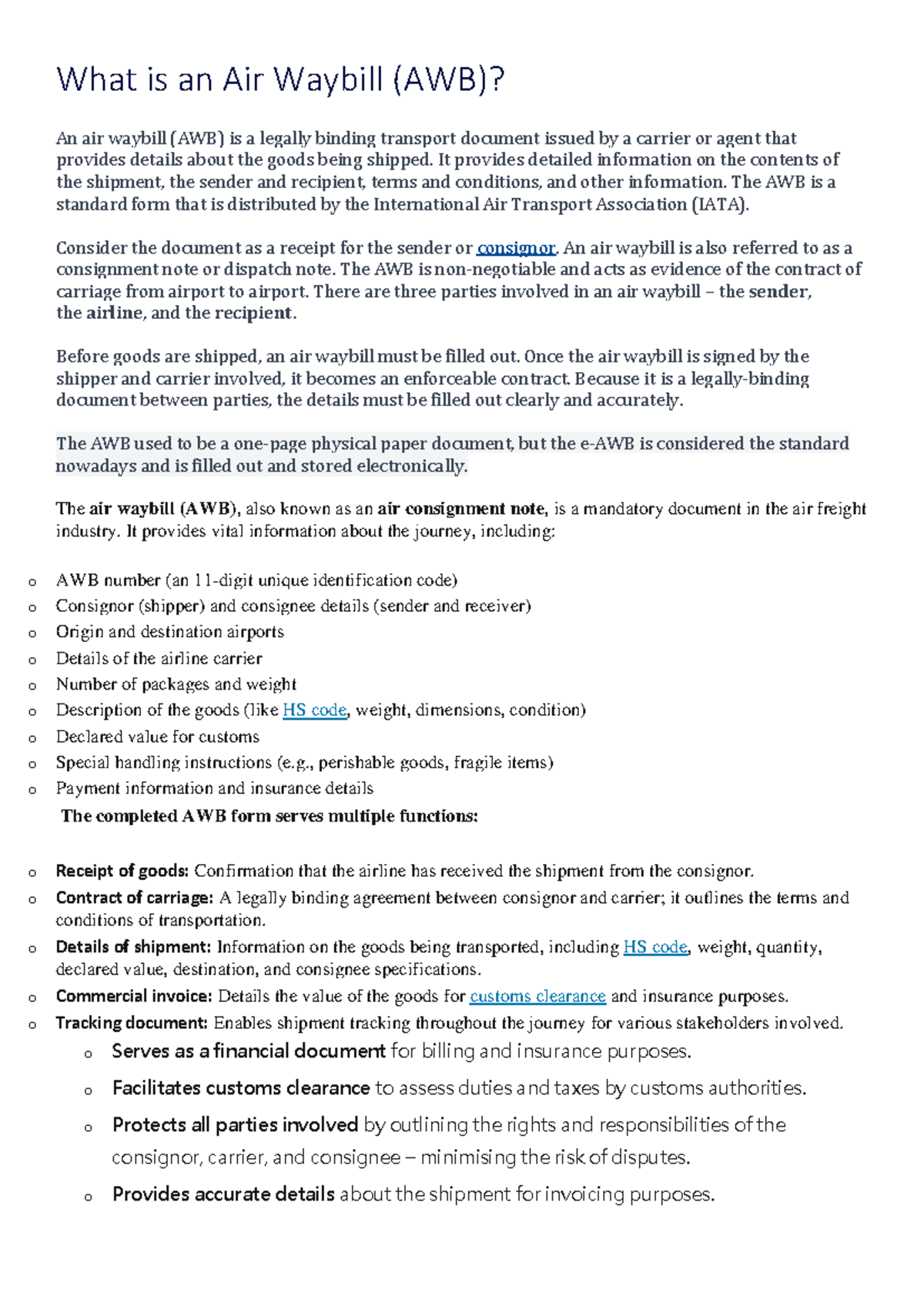 Airwaybill (AWB) Overview: Essential Cargo Documentation Guide - Studocu