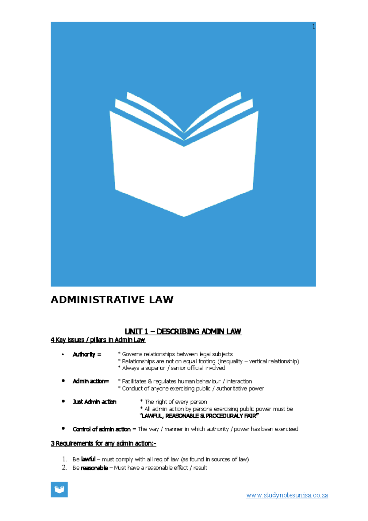 ADL2601 ADL Summary Notes - ADMINISTRATIVE LAW UNIT 1 – DESCRIBING ...