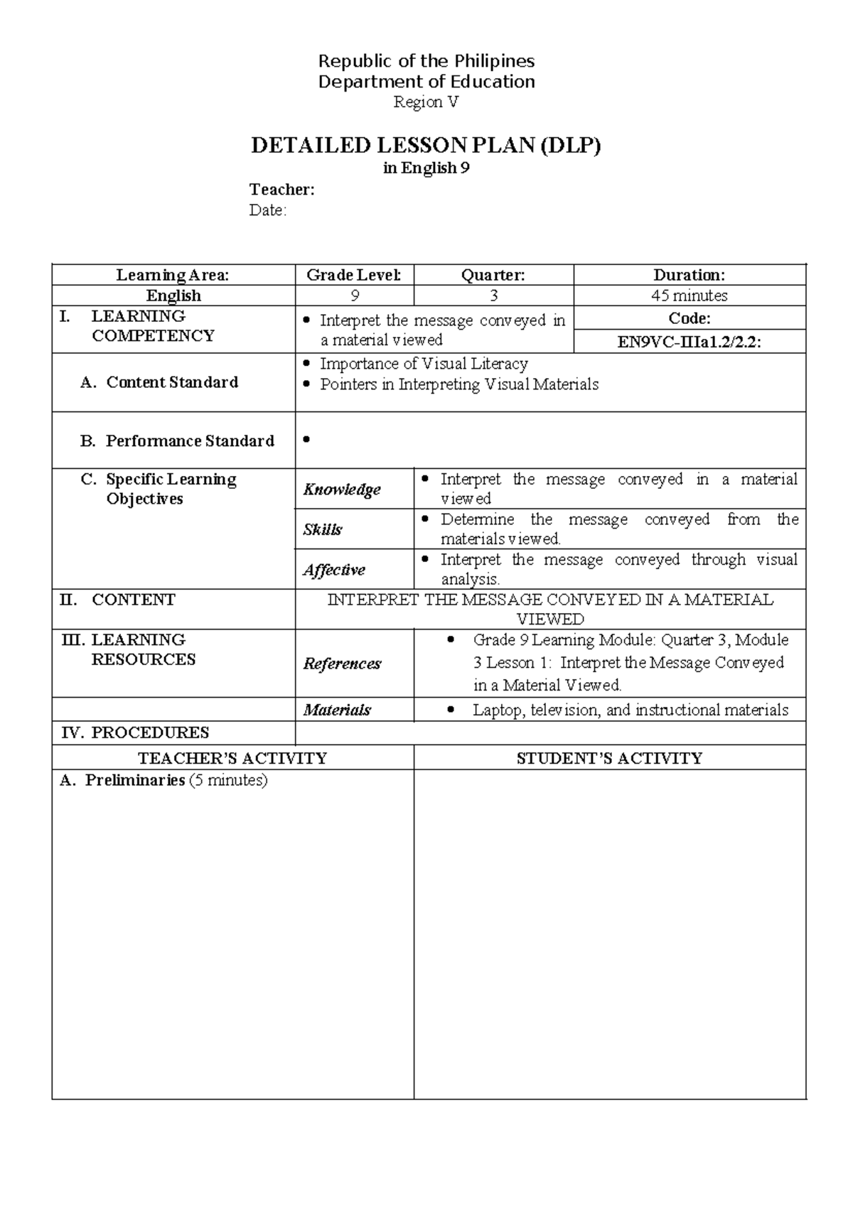 Detailed Lesson Plan (DLP) for English 9: Interpreting Visual Materials ...