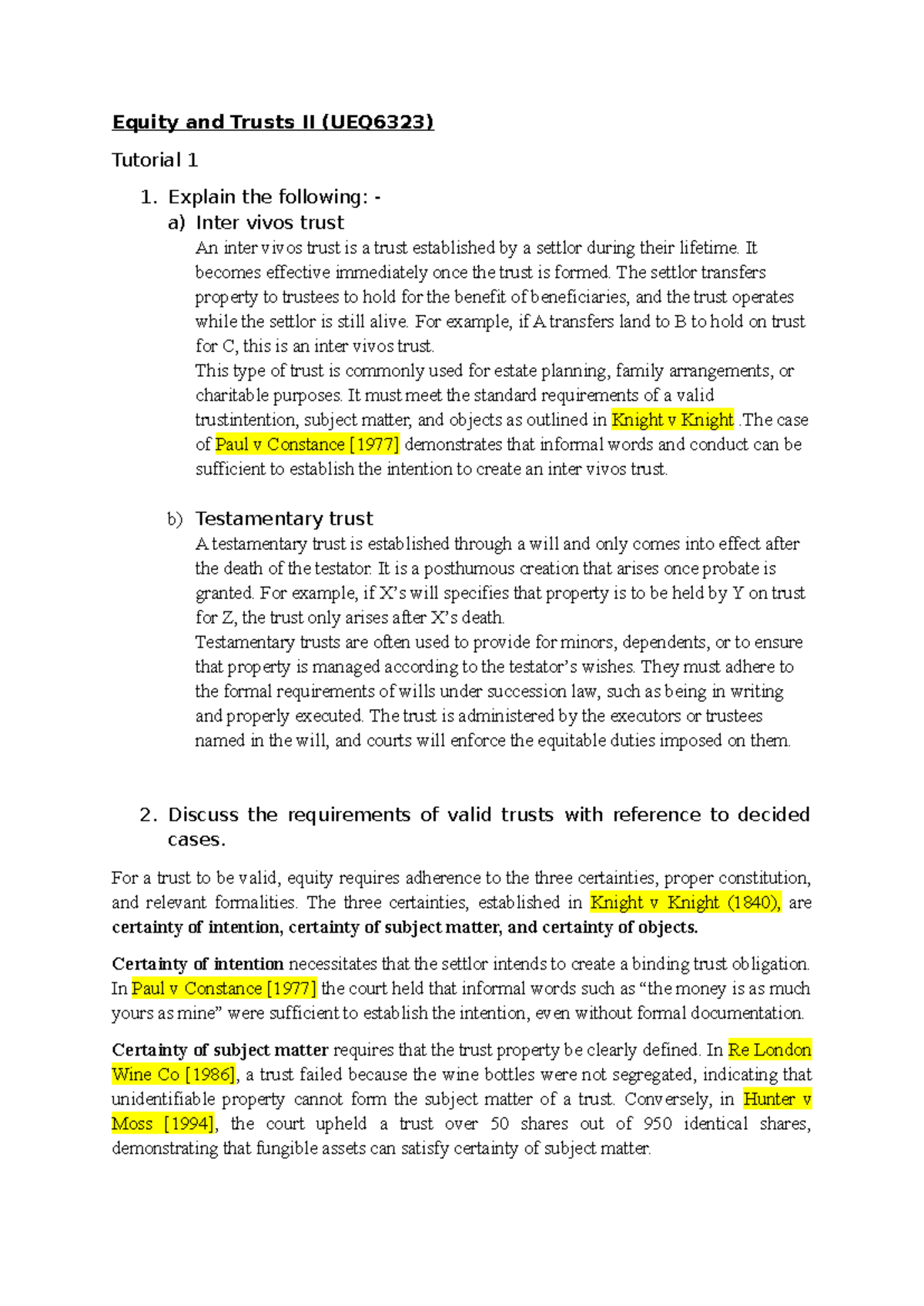 Equity and Trusts II (UEQ6323) Tutorial 1: Trust Types & Validity ...