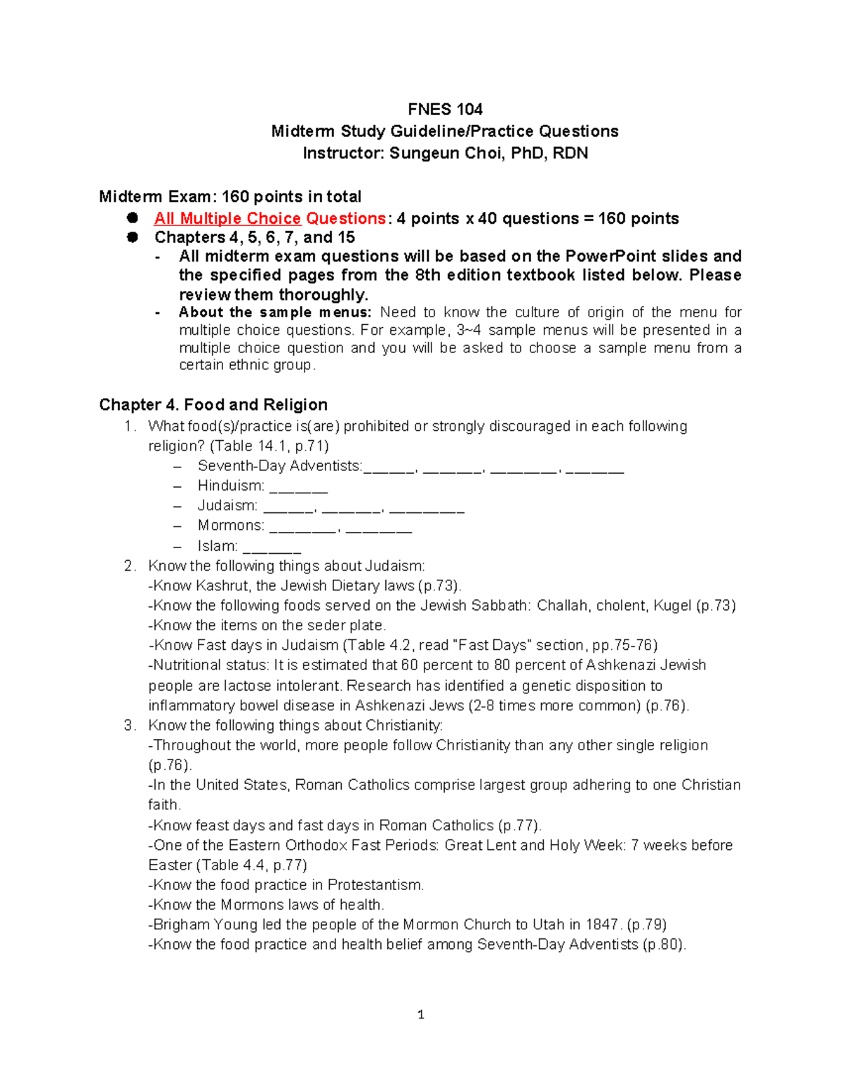 FNES 104 Midterm Exam Study Guide: Food Culture & Practices - Studocu