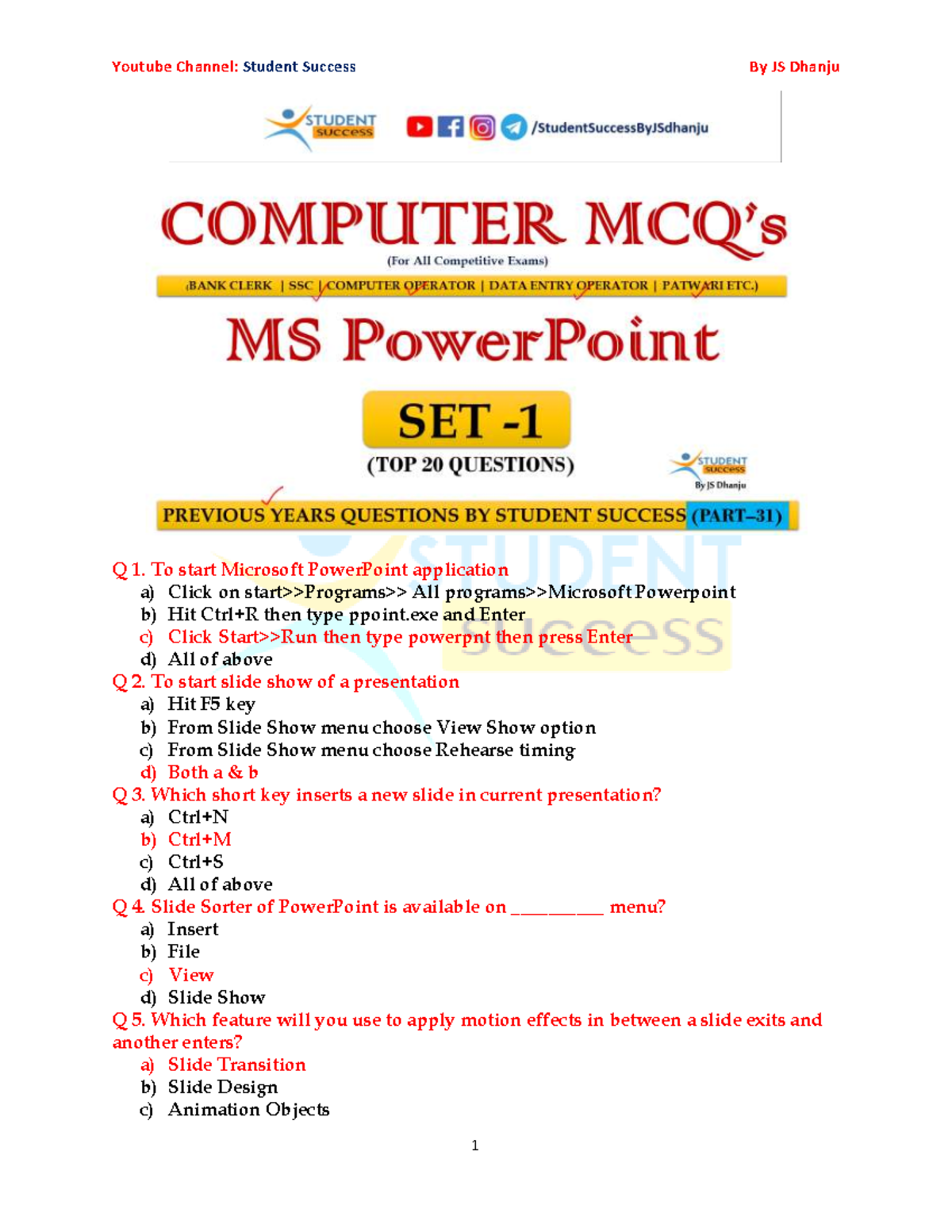 MS PowerPoint Quiz Questions and Answers - Student Success JS Dhanju ...