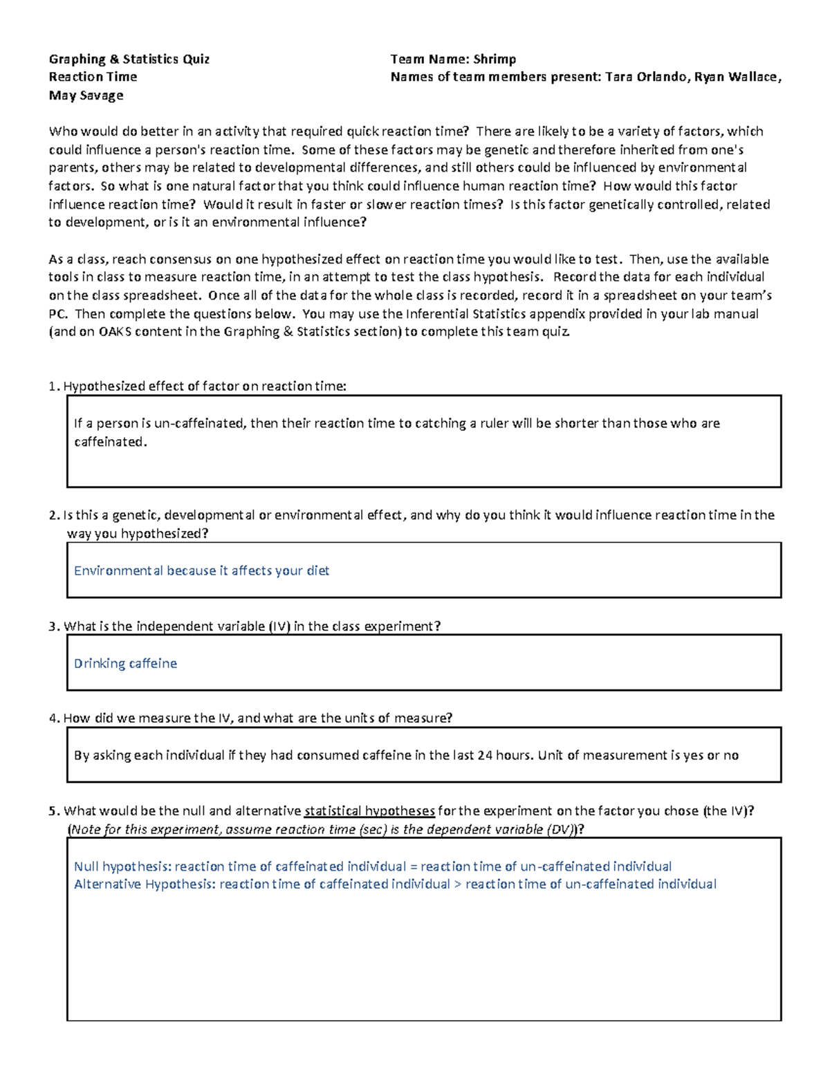 BIO 111L-35 - Statistics Activity Quiz #2: Reaction Time Analysis - Studocu