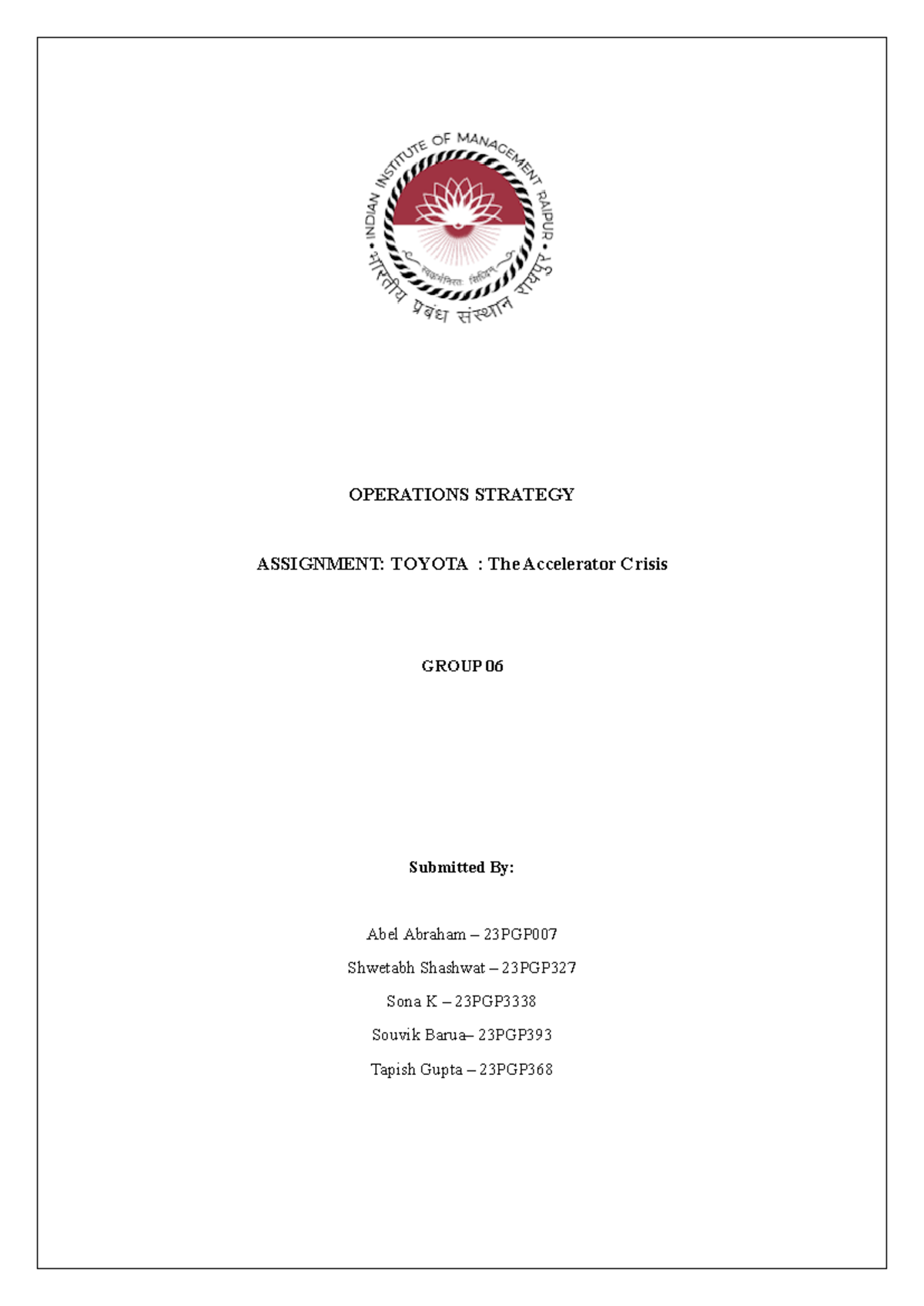 Group 06 - Assignment mandatory - OPERATIONS STRATEGY ASSIGNMENT ...