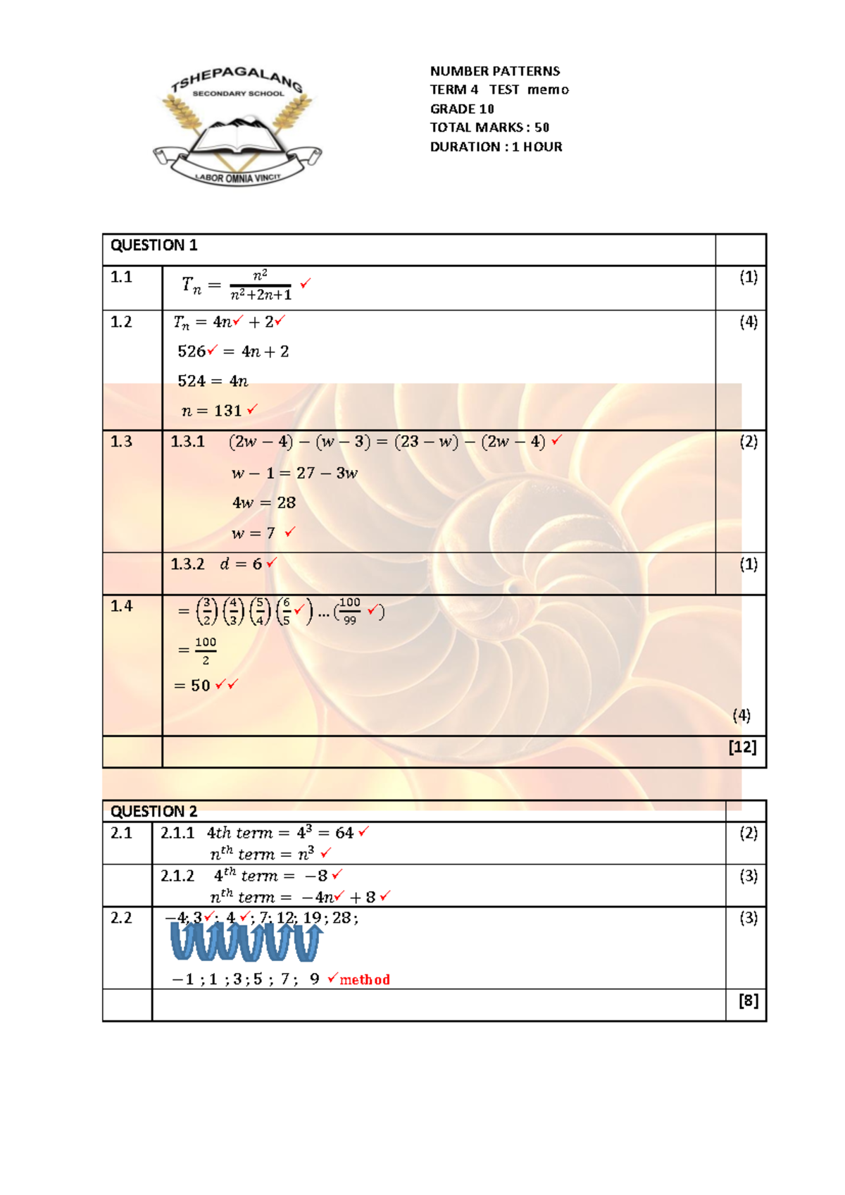 GRADE 10 MATHS TERM 4 TEST MEMO - TOTAL MARKS: 50 - Studocu