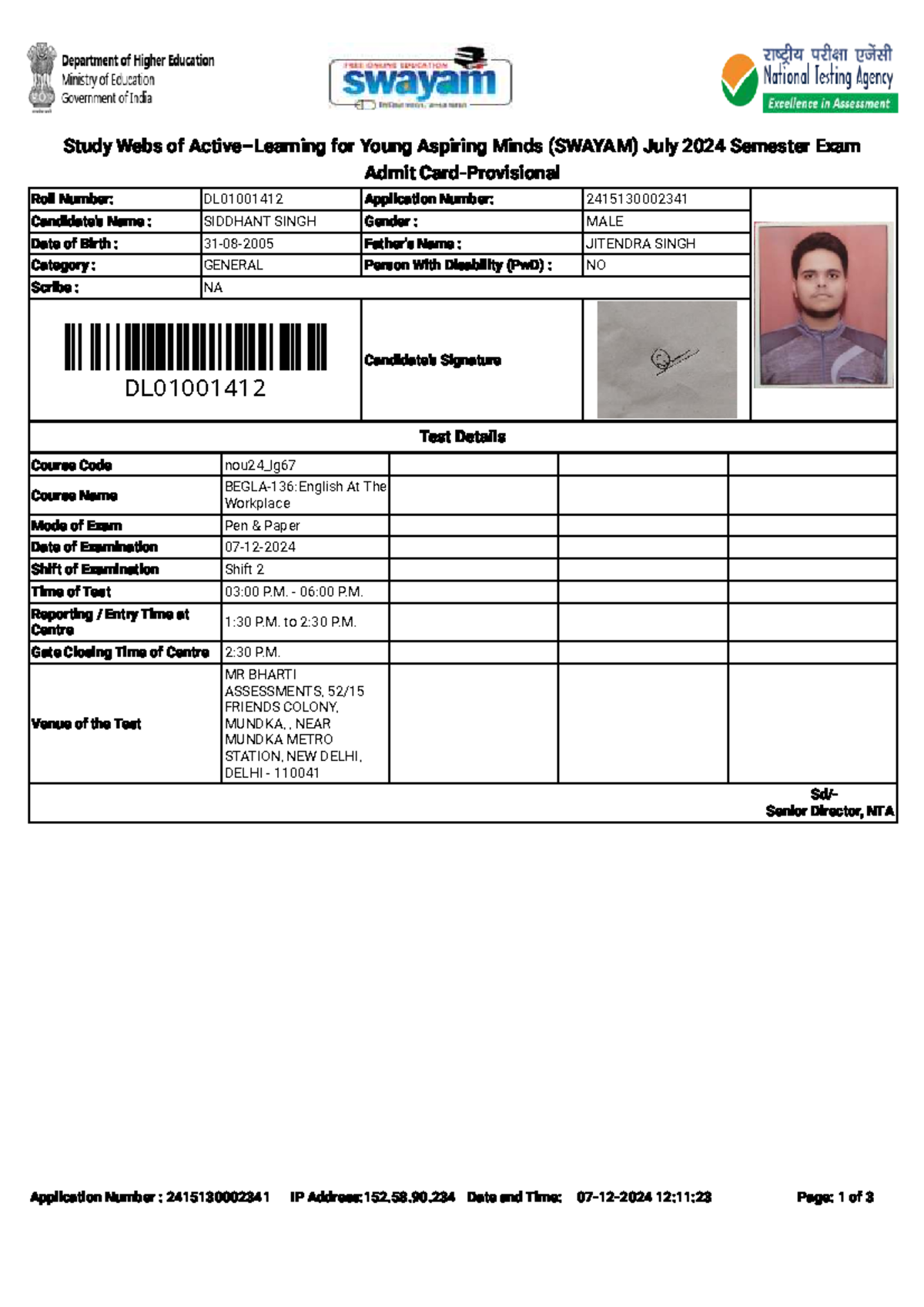 SWAYAM nou24_lg67 July 2024 Semester Exam Admit Card Instructions - Studocu