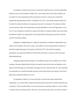 [Solved] Post an explanation of a threat to internal validity and a ...
