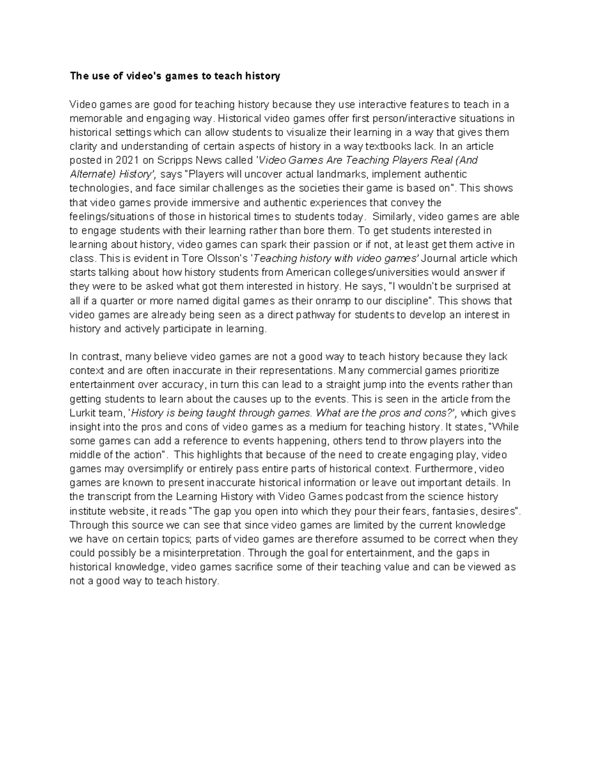 The Impact of Video Games on History Education: Pros & Cons - Studocu