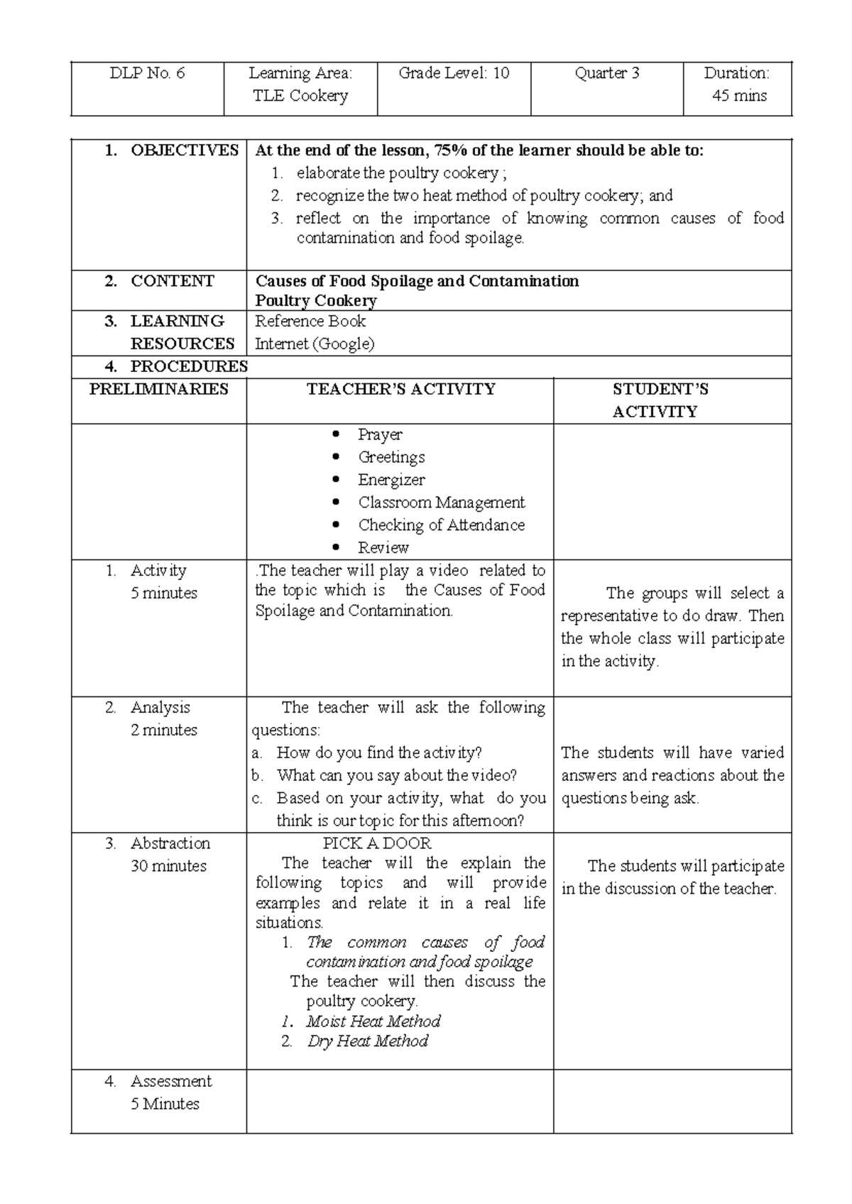 Cookery-10- Poultry Lesson Plan - DLP No. 6 Learning Area: TLE Cookery ...