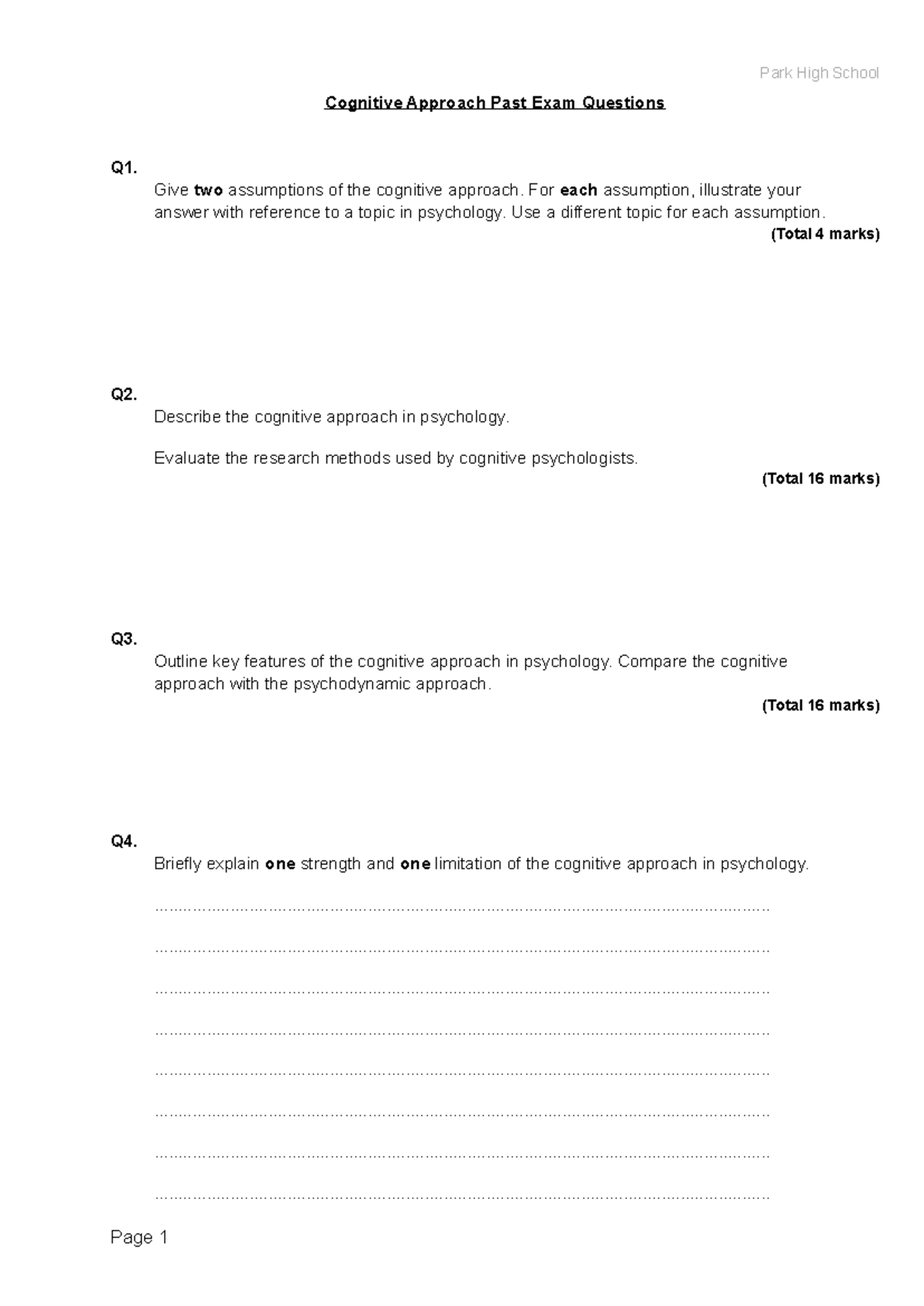Cognitive Approach Exam Questions and Mark Scheme (PSY 101) - Studocu