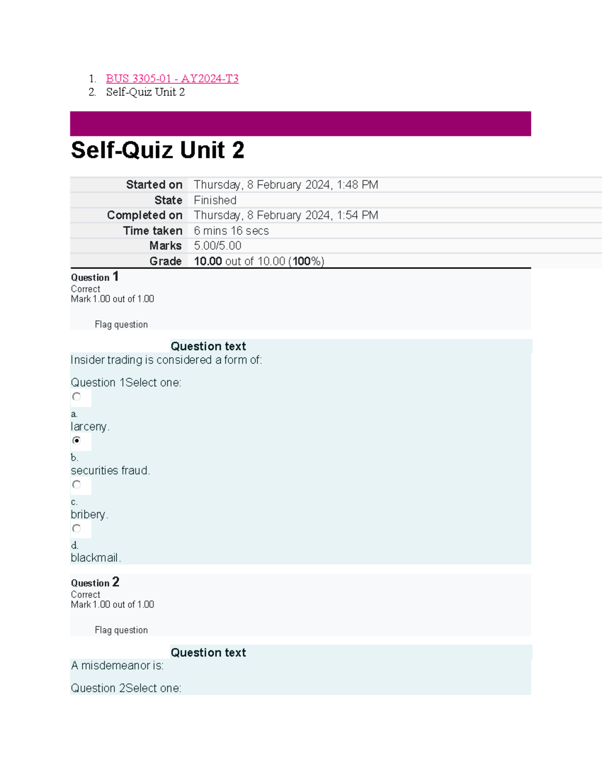 BUS 3305 Self Quiz Unit 2 - 1. BUS 3305-01 - AY2024-T 2. Self-Quiz Unit ...