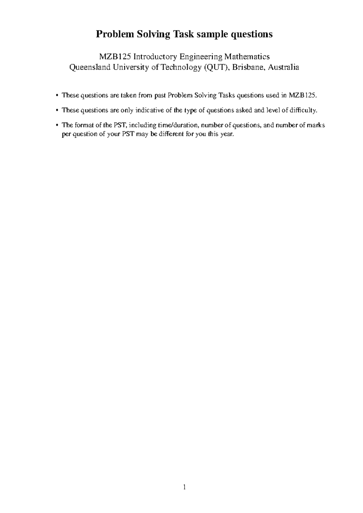 Mzb125 sample pst questions - Problem Solving Task sample questions ...