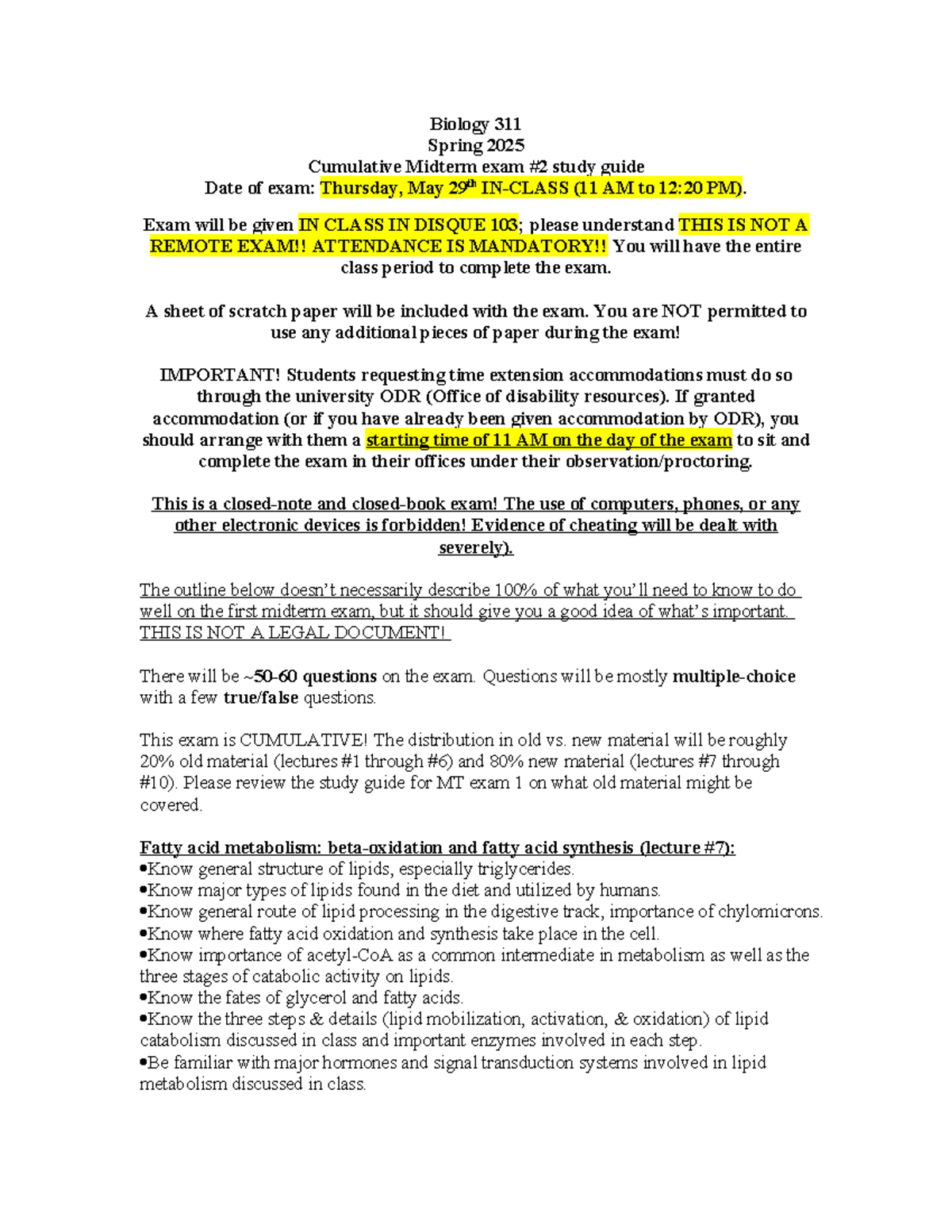 Biology 311 Spring 2025 Cumulative Midterm Exam Study Guide - Studocu