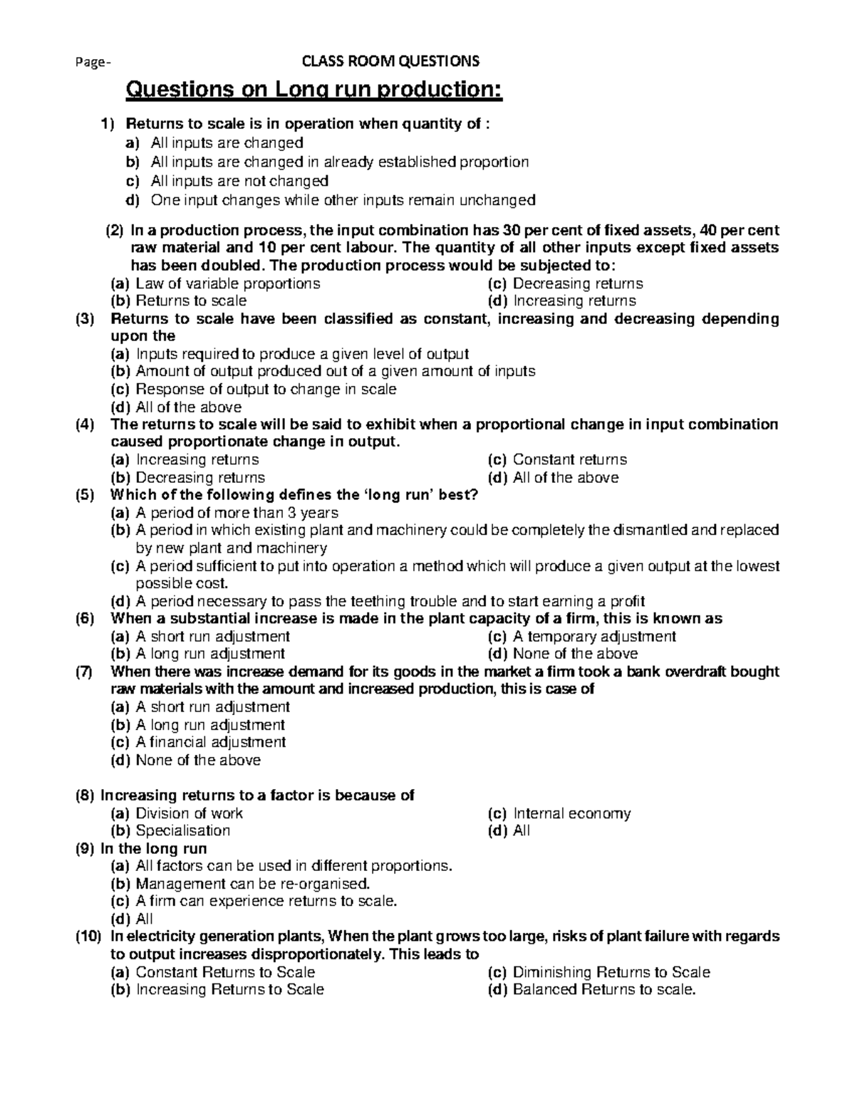 Long Run Production Questions for ECON 101 Class Room Use - Studocu