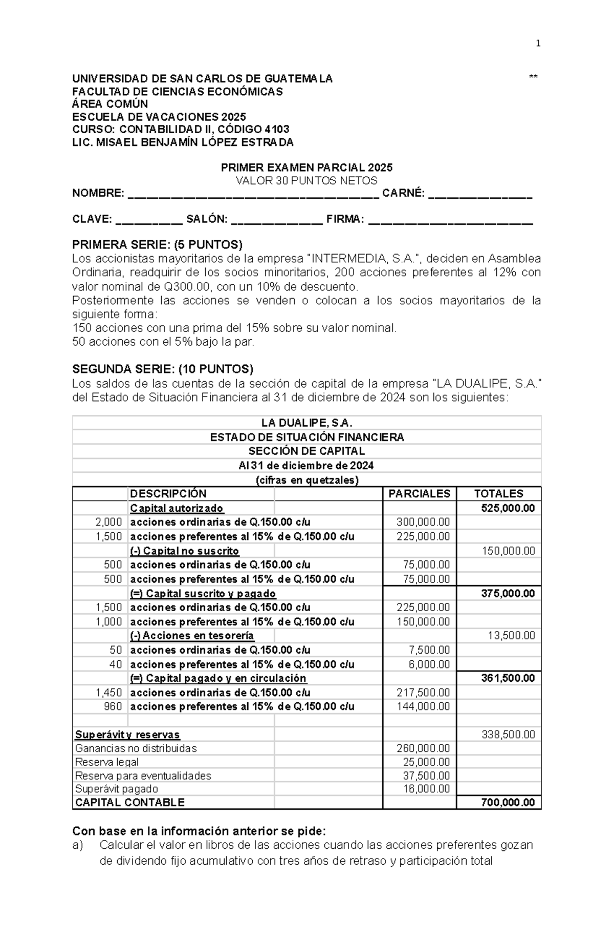Contabilidad II - Primer Examen Parcial 2025 (Código 4103) - Studocu