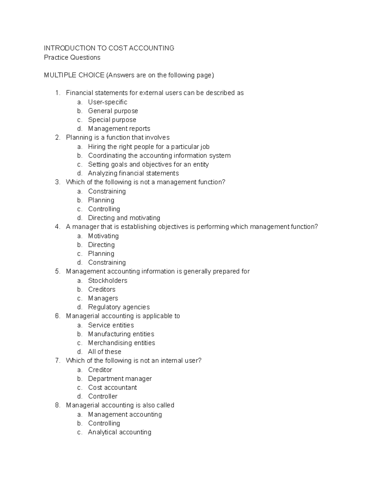 Cost Accounting 1 - Intro to Cost Accounting MCQ Practice Questions ...