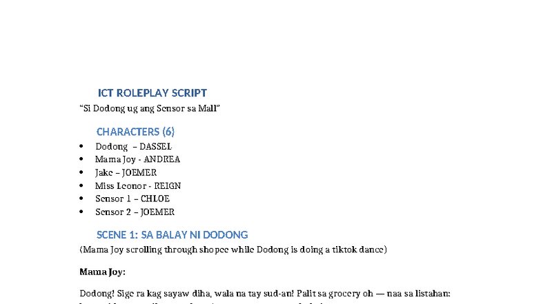 ICT- Roleplay Script: Dodong and the Sensor Adventure - Studocu
