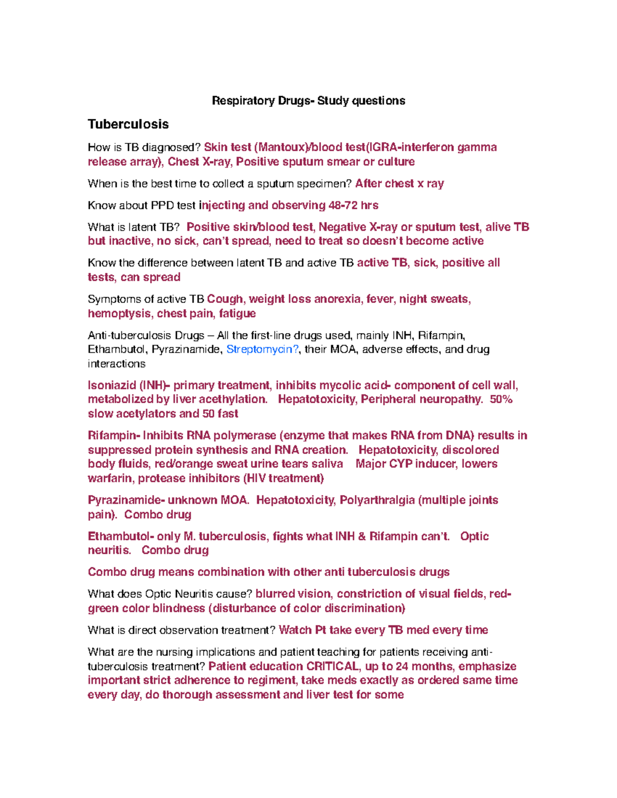Respiratory Study Questions on Tuberculosis and Asthma Medications ...