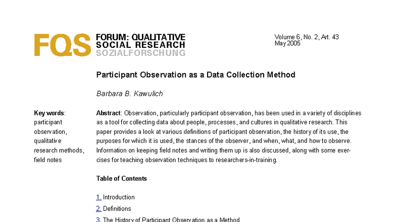 Participant Observation in Qualitative Research: Insights and Methods ...