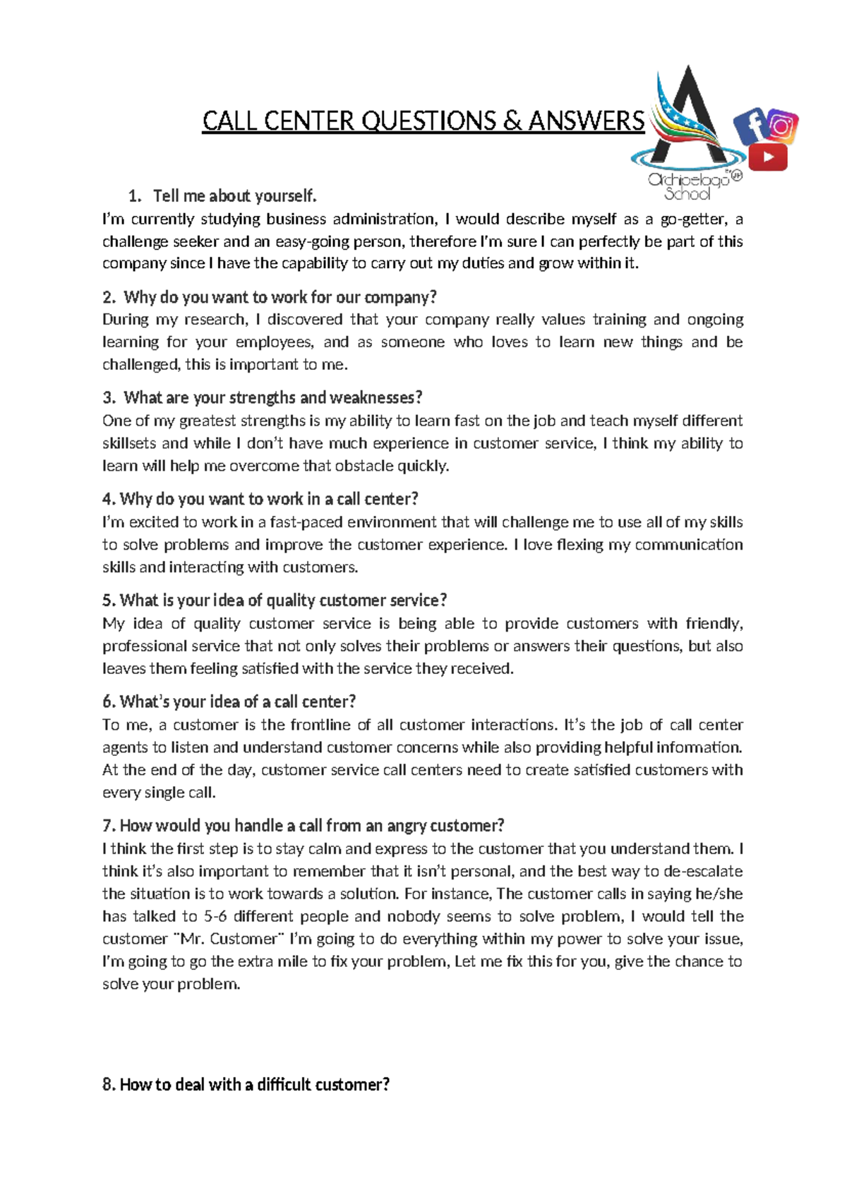 CALL CENTER Q&A: Interview Prep for Business Admin Students - Studocu