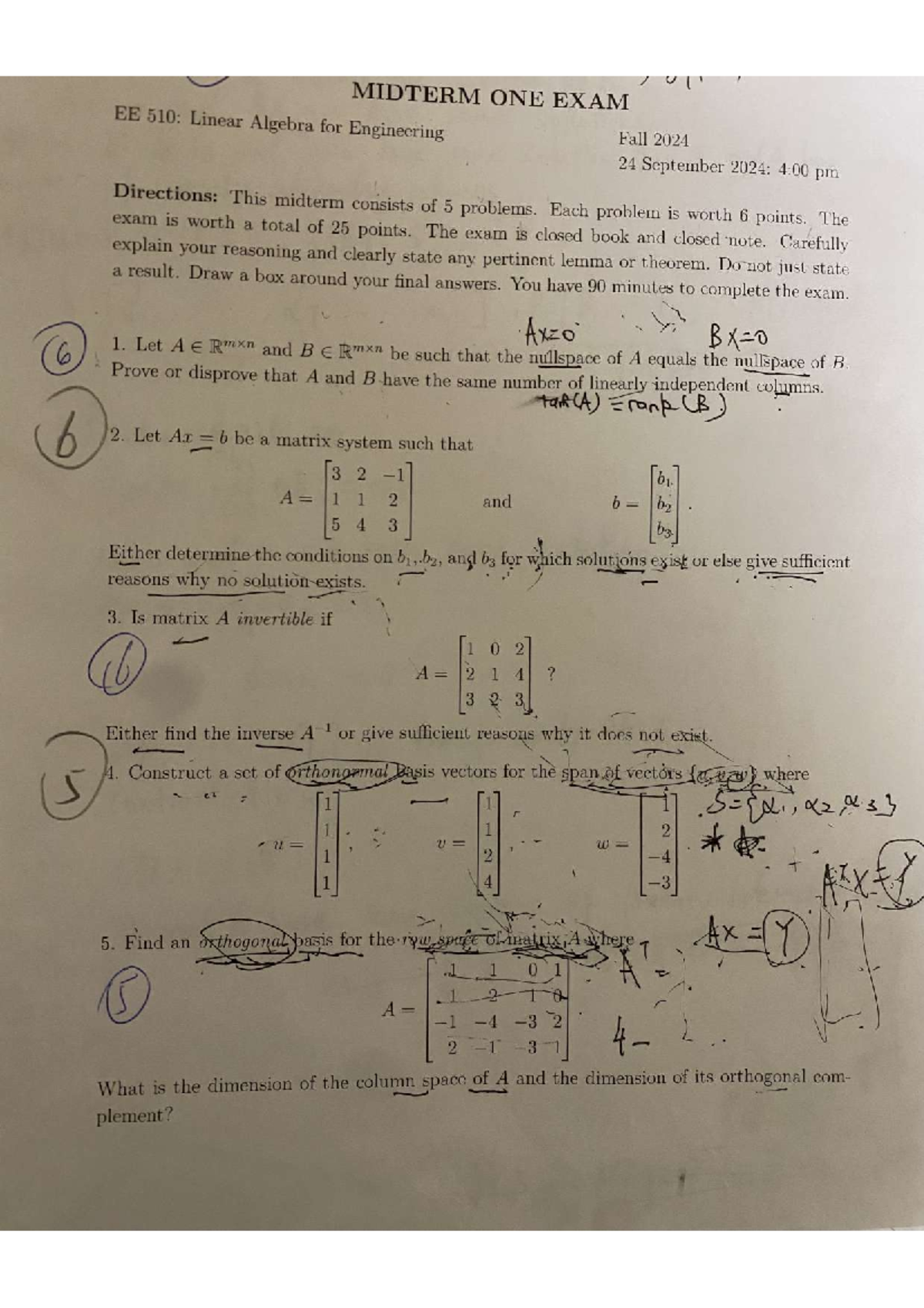 MIDTERM EXAM EE 510: Linear Algebra for Engineering - Fall 2024 - Studocu