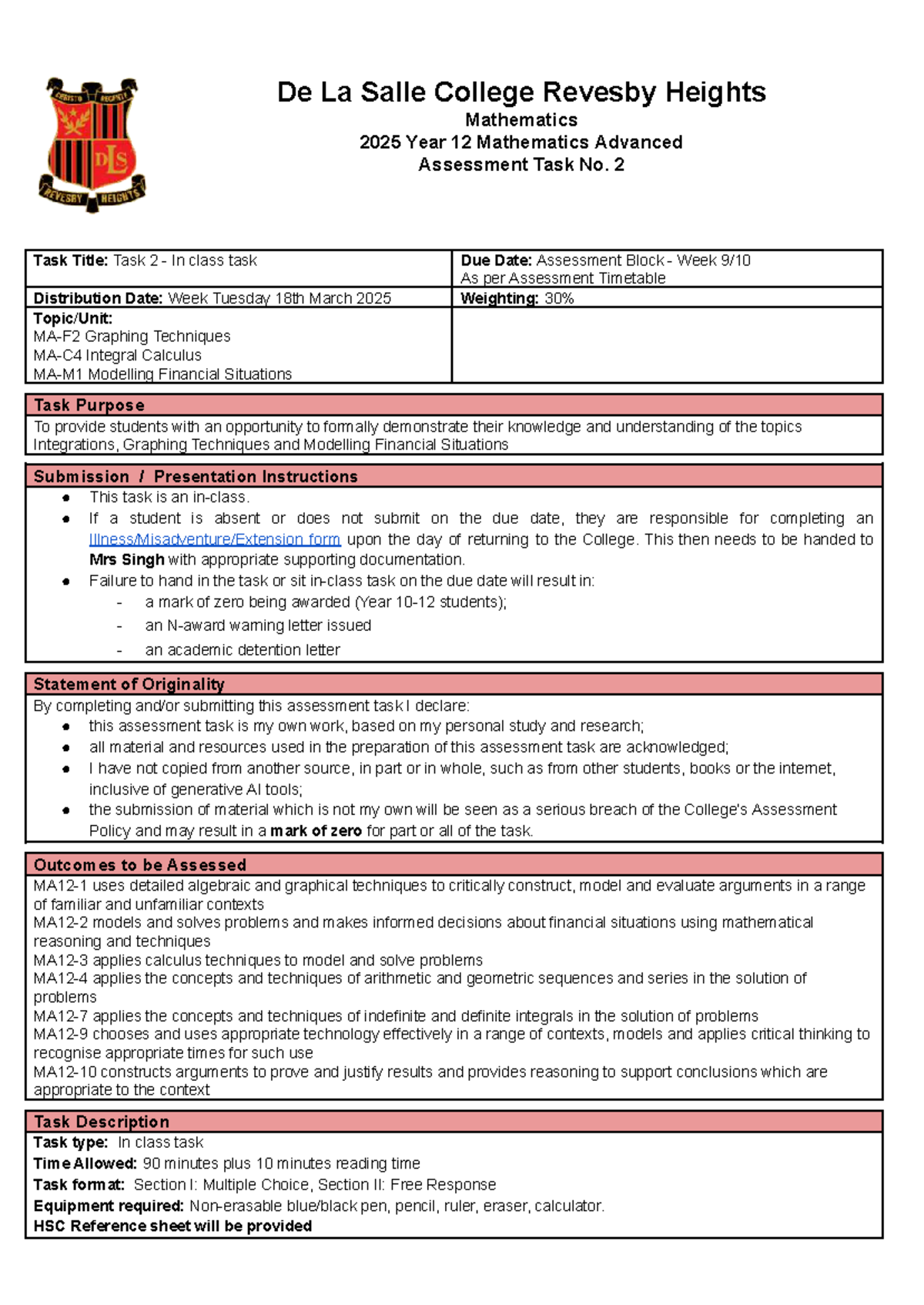 2025 Year 12 Mathematics Advanced Task 2: Graphing & Calculus ...