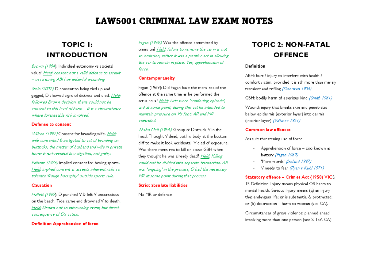 LAW5001 Exam Notes: Key Concepts in Non-Fatal Offences & Defences - Studocu