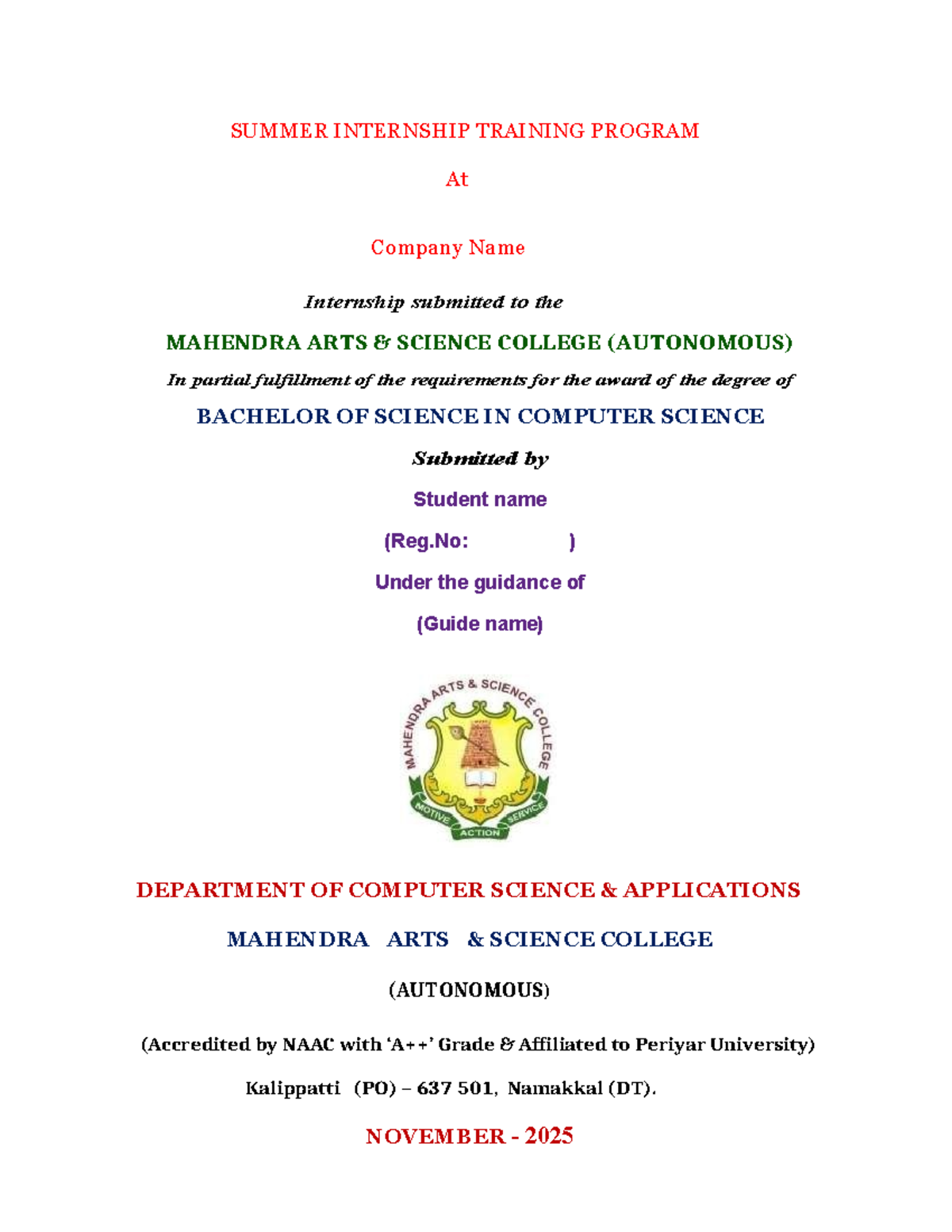 Internship Report 2025 - B.Sc. in Computer Science at Mahendra College ...